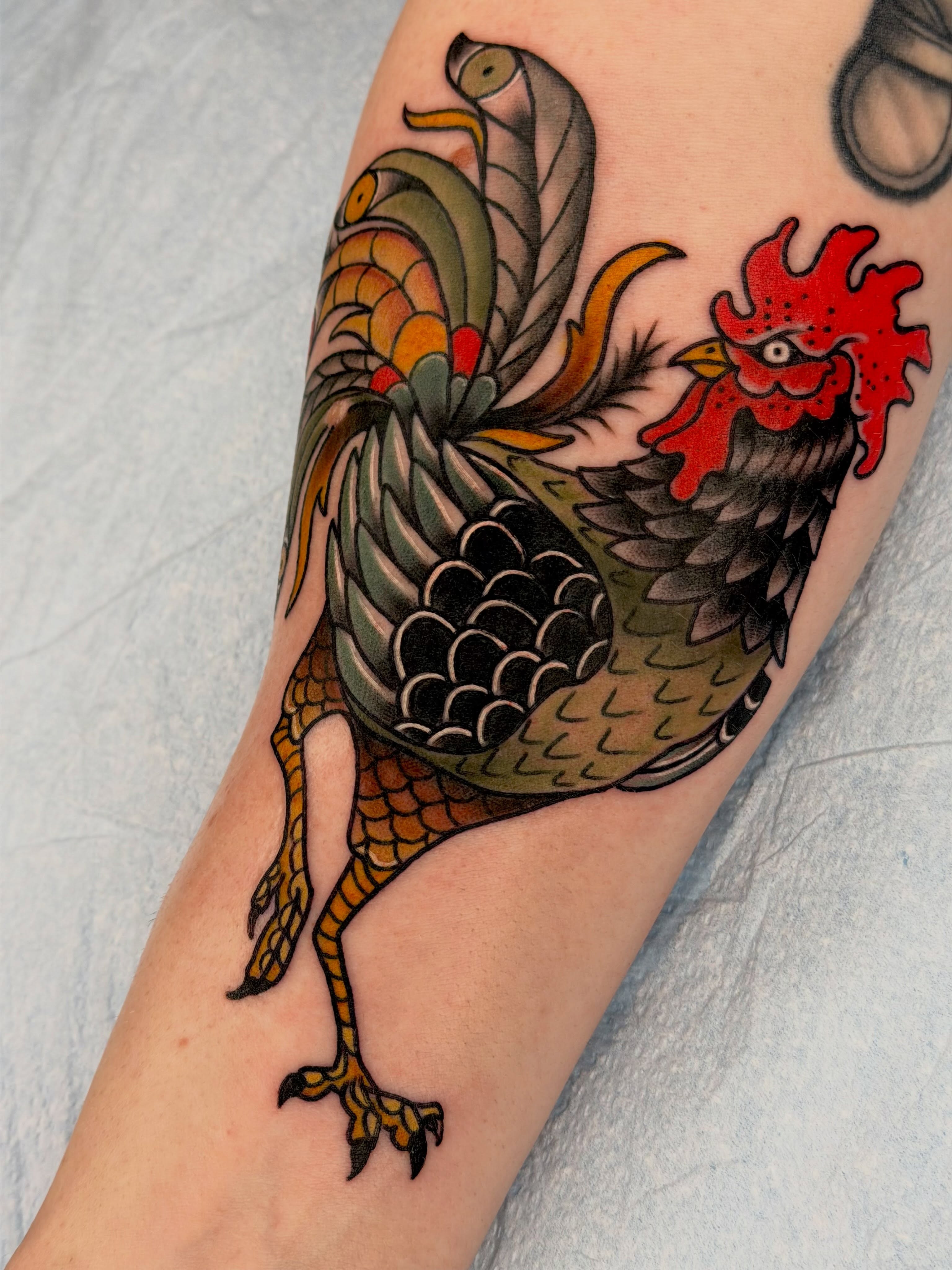 Rooster American traditional tattoo on the forearm by Beeker, Bellingham, Washington