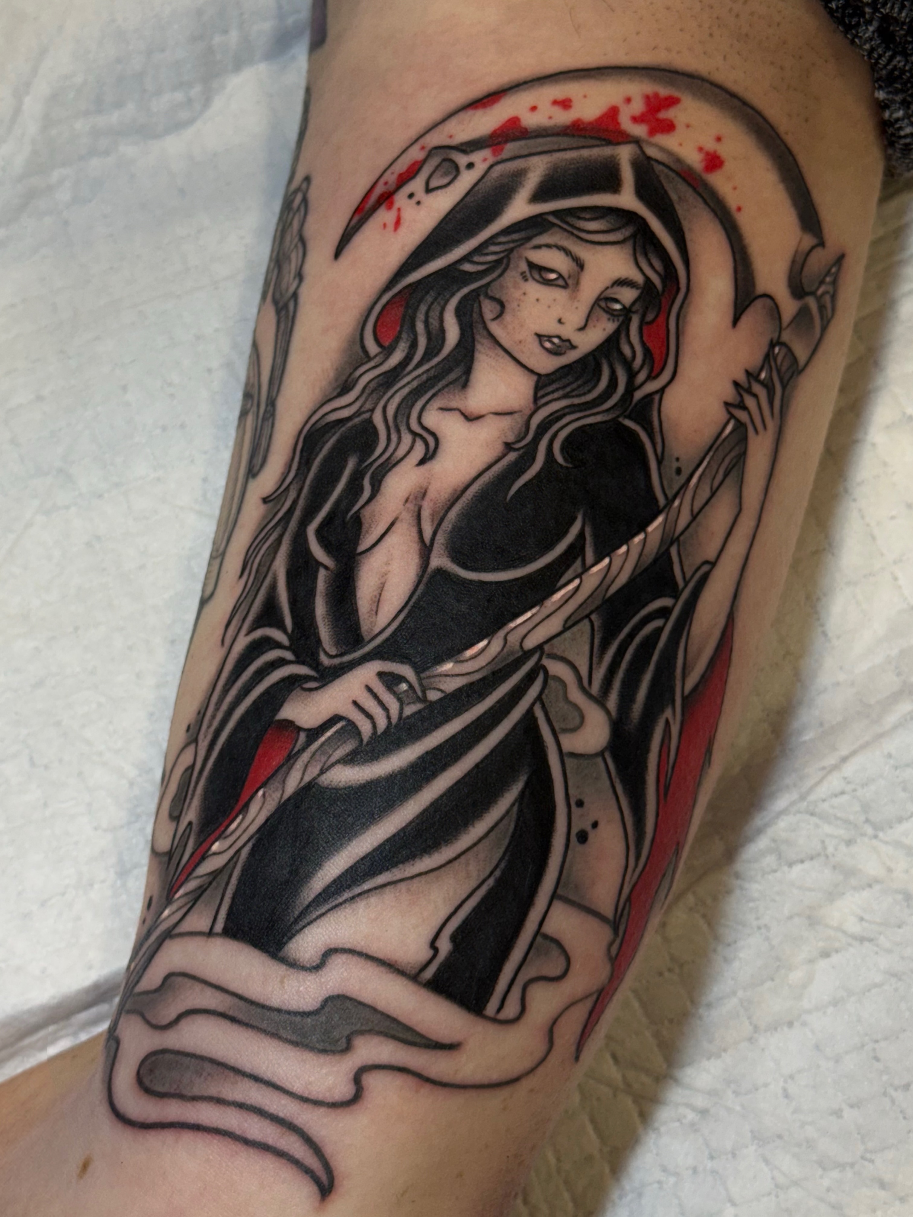 Grim reaper dark realism tattoo on the forearm by Chelsea Graham, Seattle, Washington