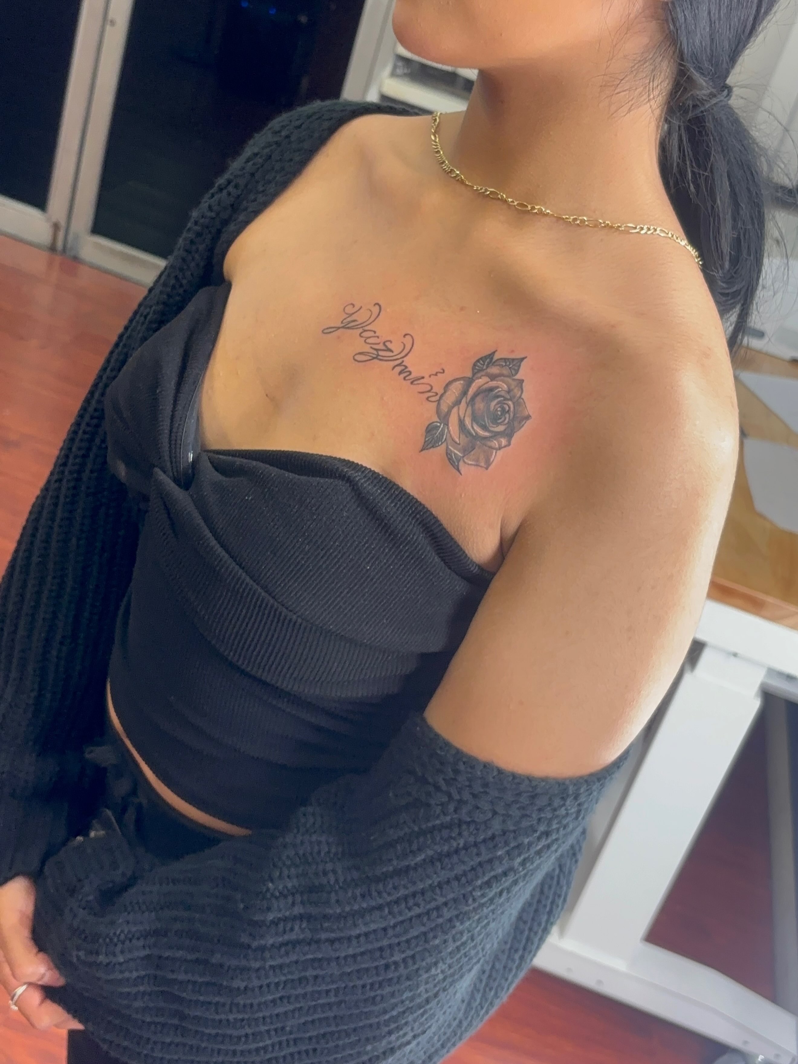 Rose black and grey tattoo on the chest by Ana Uriarte π