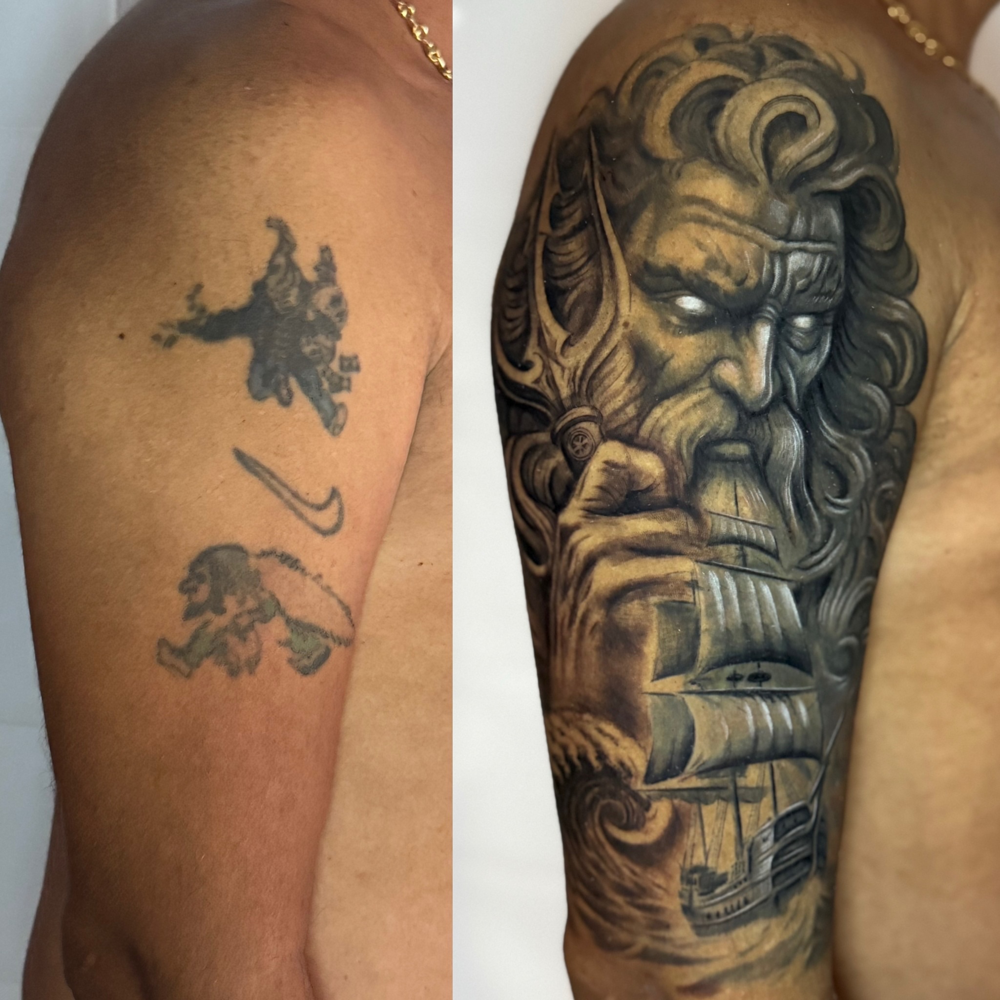 God-like figure with ship realism tattoo on the forearm by Morgan Andres Soto