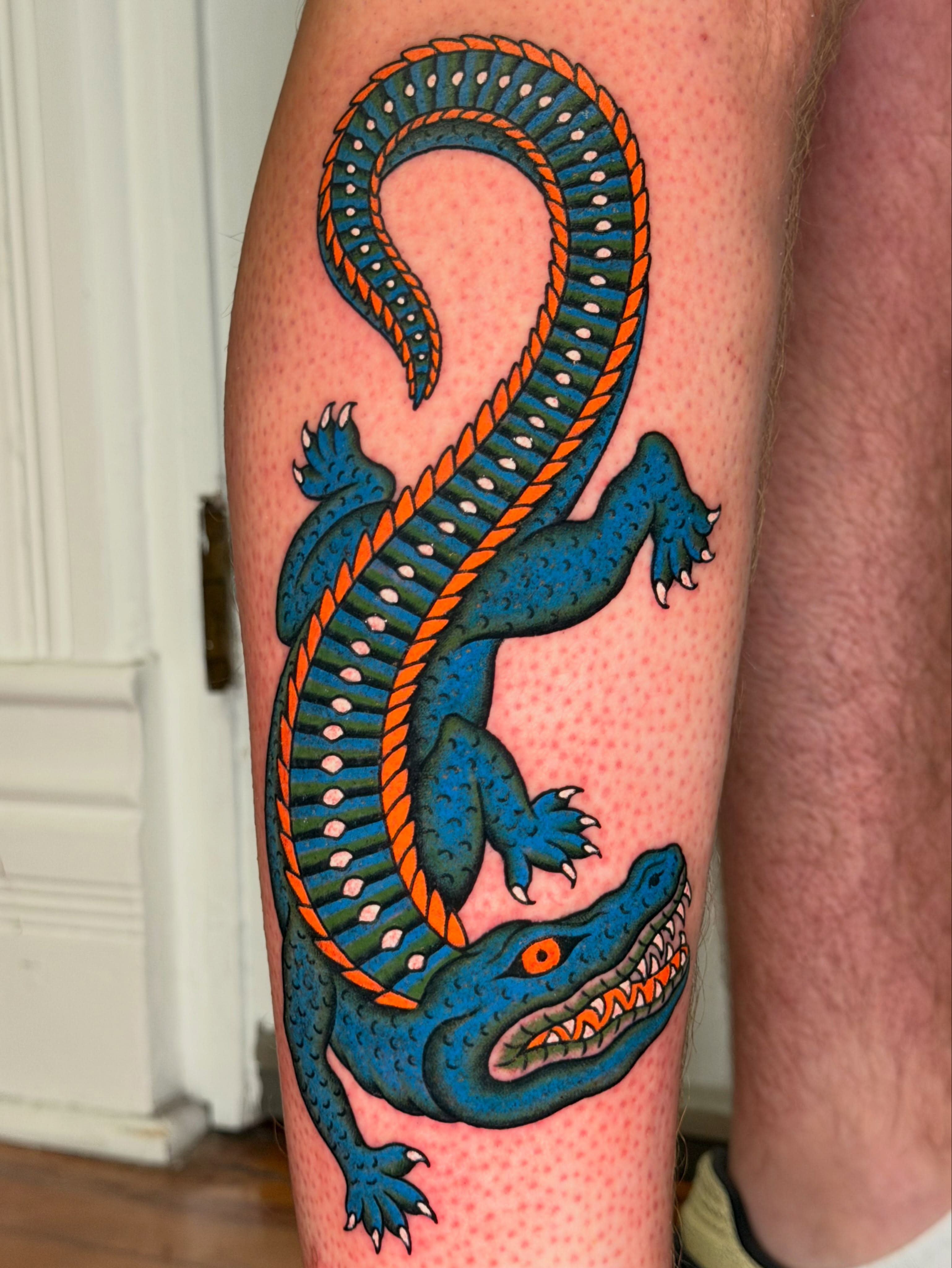 Alligator American traditional tattoo on the leg by Michael Barnhill Tattooer, Charlotte, North Carolina