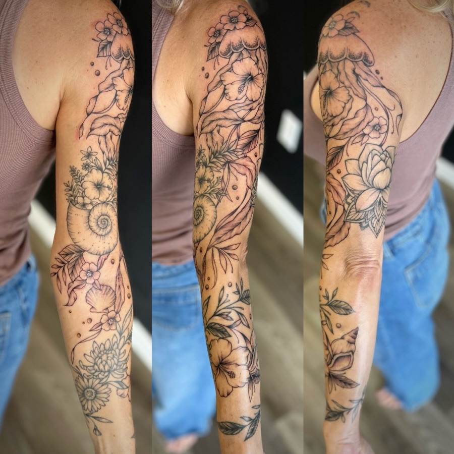 Floral bouquet dotwork tattoo on the forearm by Browtique & Ink, Clearwater, Florida