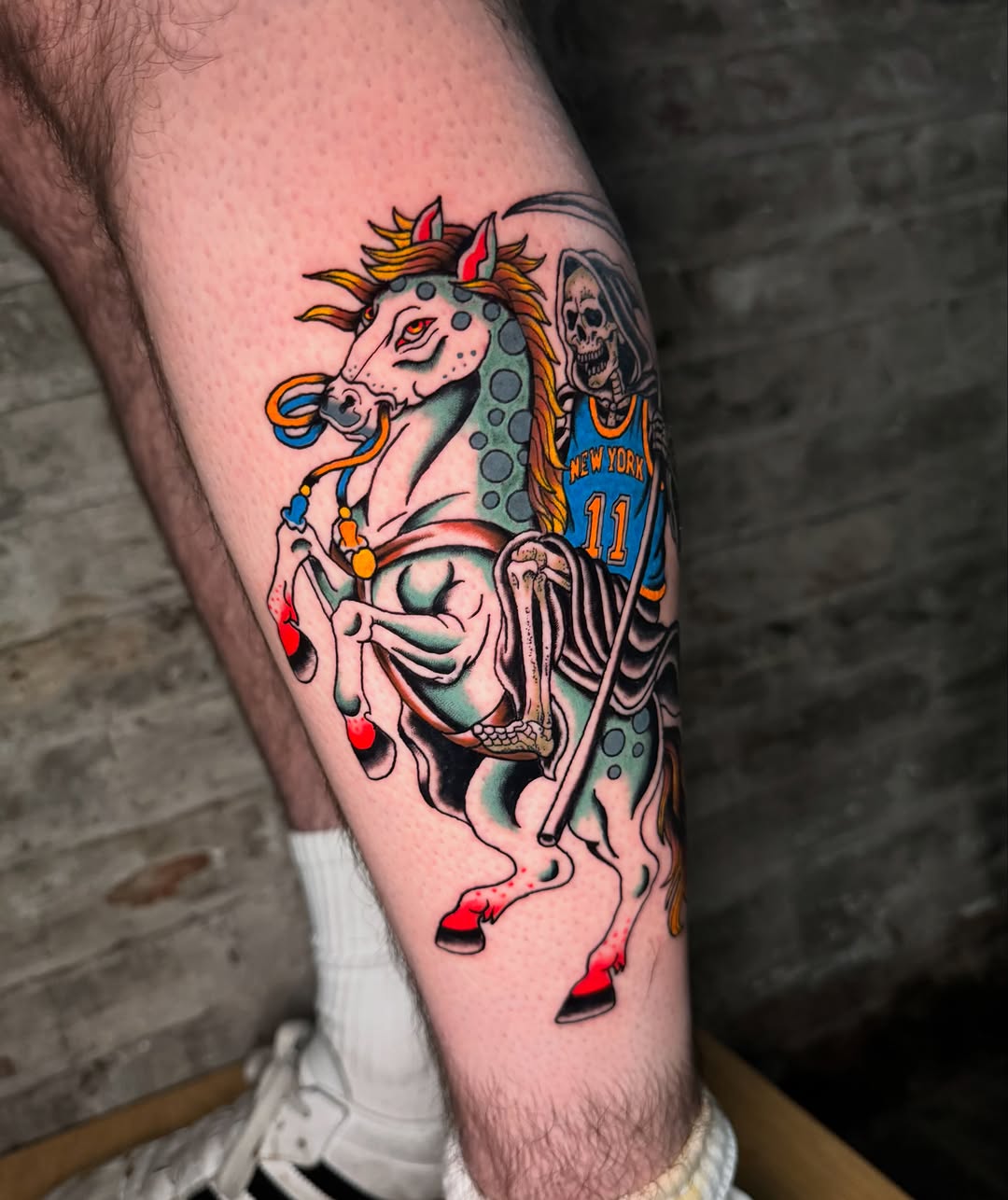 Grim reaper on a horse American traditional tattoo on the forearm by @michaelryan_tattoo