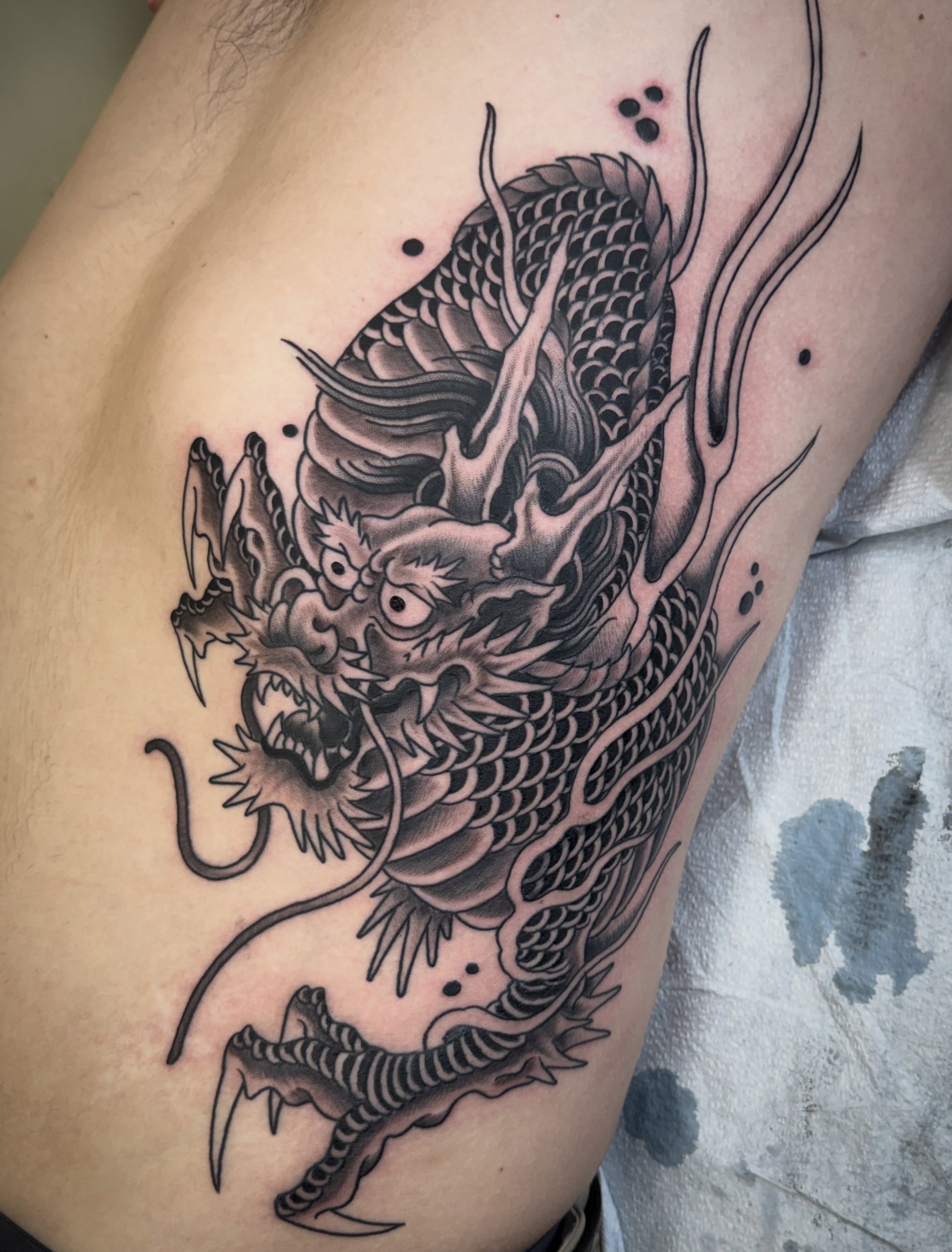 Tattoo by @etbennett_tattoo — black_and_grey, japanese_irezumi