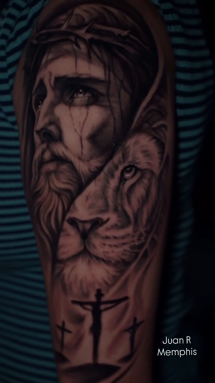 Jesus and lion realism tattoo by Juan Russo