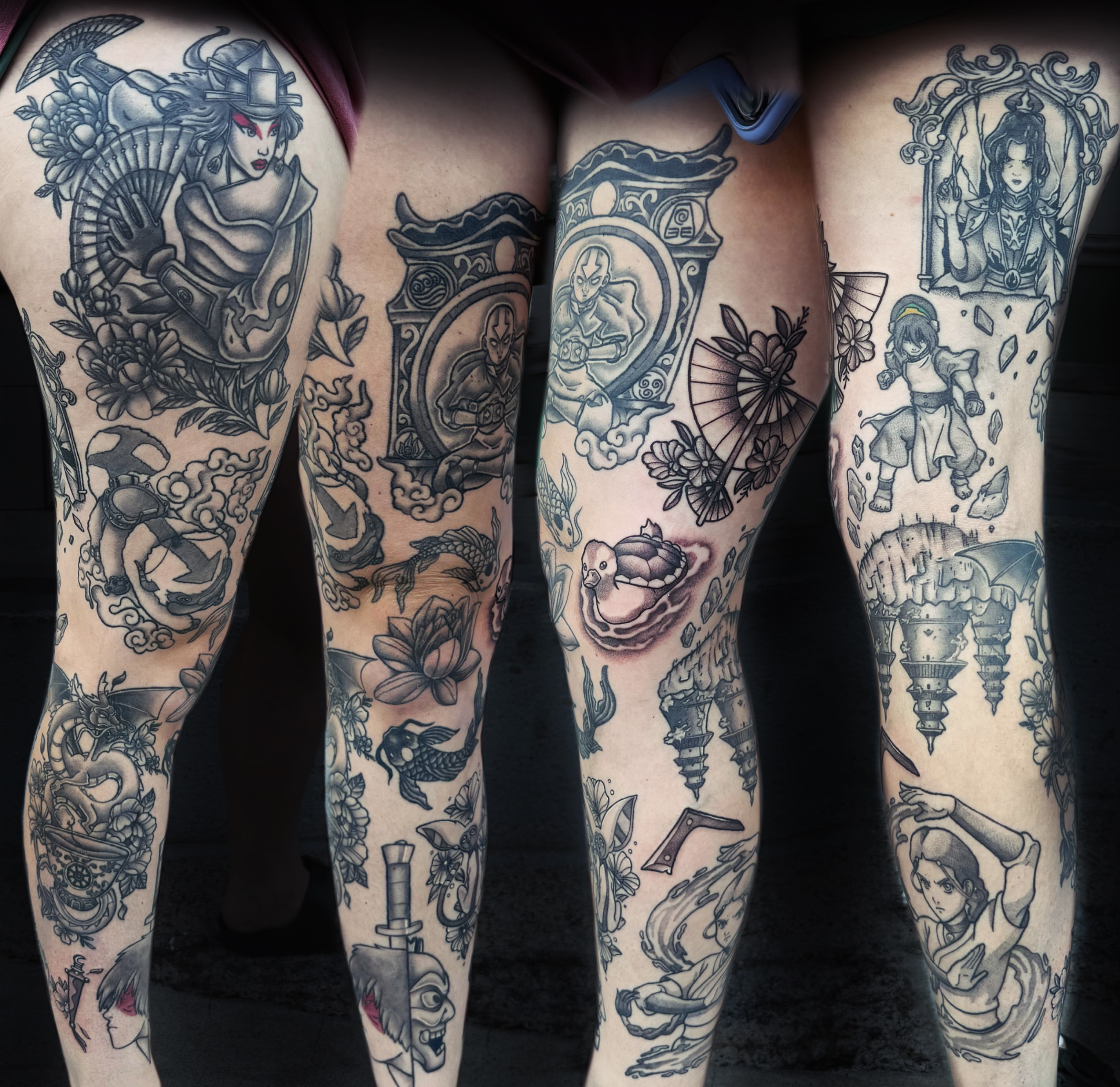 Anime characters American traditional tattoo on the leg by Dominique Darko