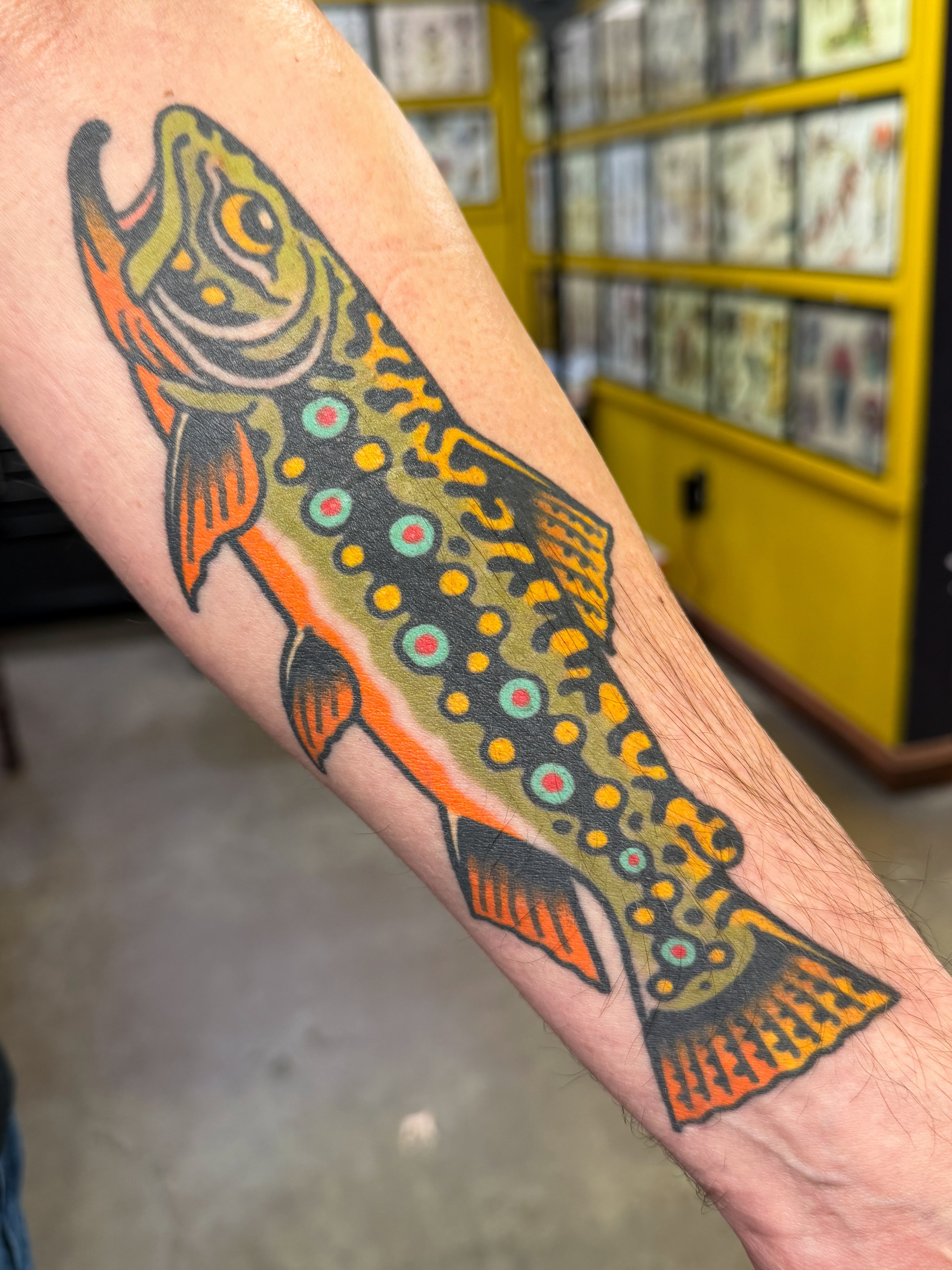 Salmon American traditional tattoo on the forearm by Danny Reed, Asheville, North Carolina