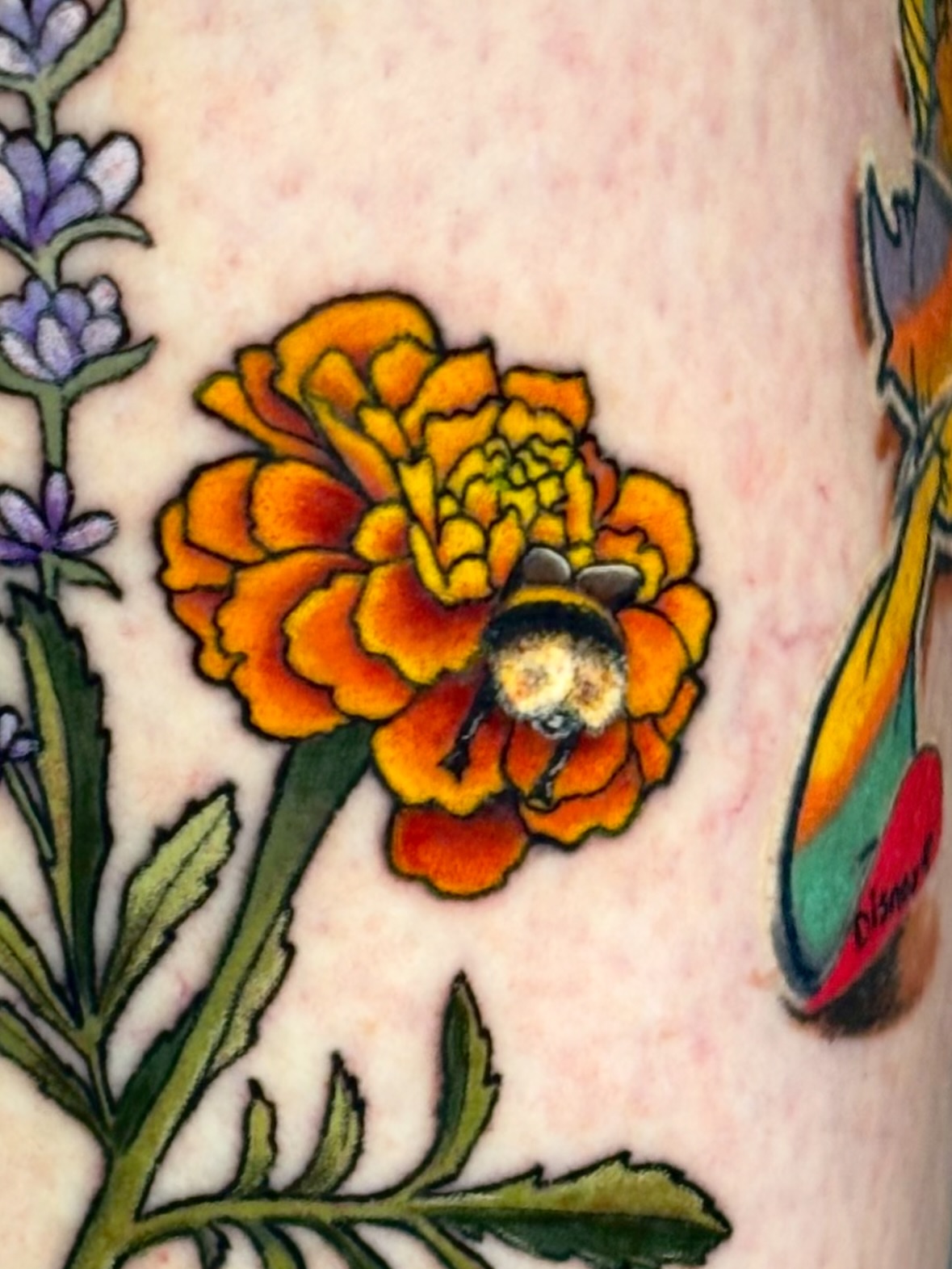 Marigold and bee realism tattoo on the forearm by Sarah Sacco