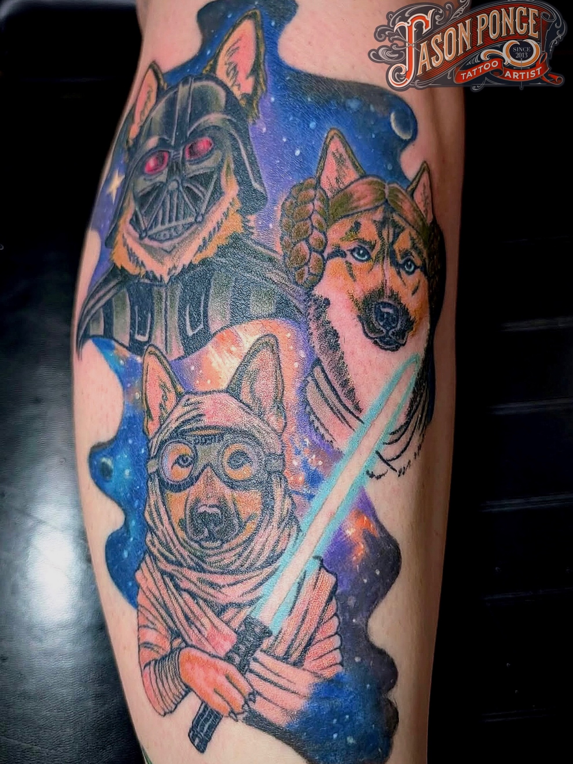 Star wars characters dotwork tattoo on the forearm by Jason Ponce