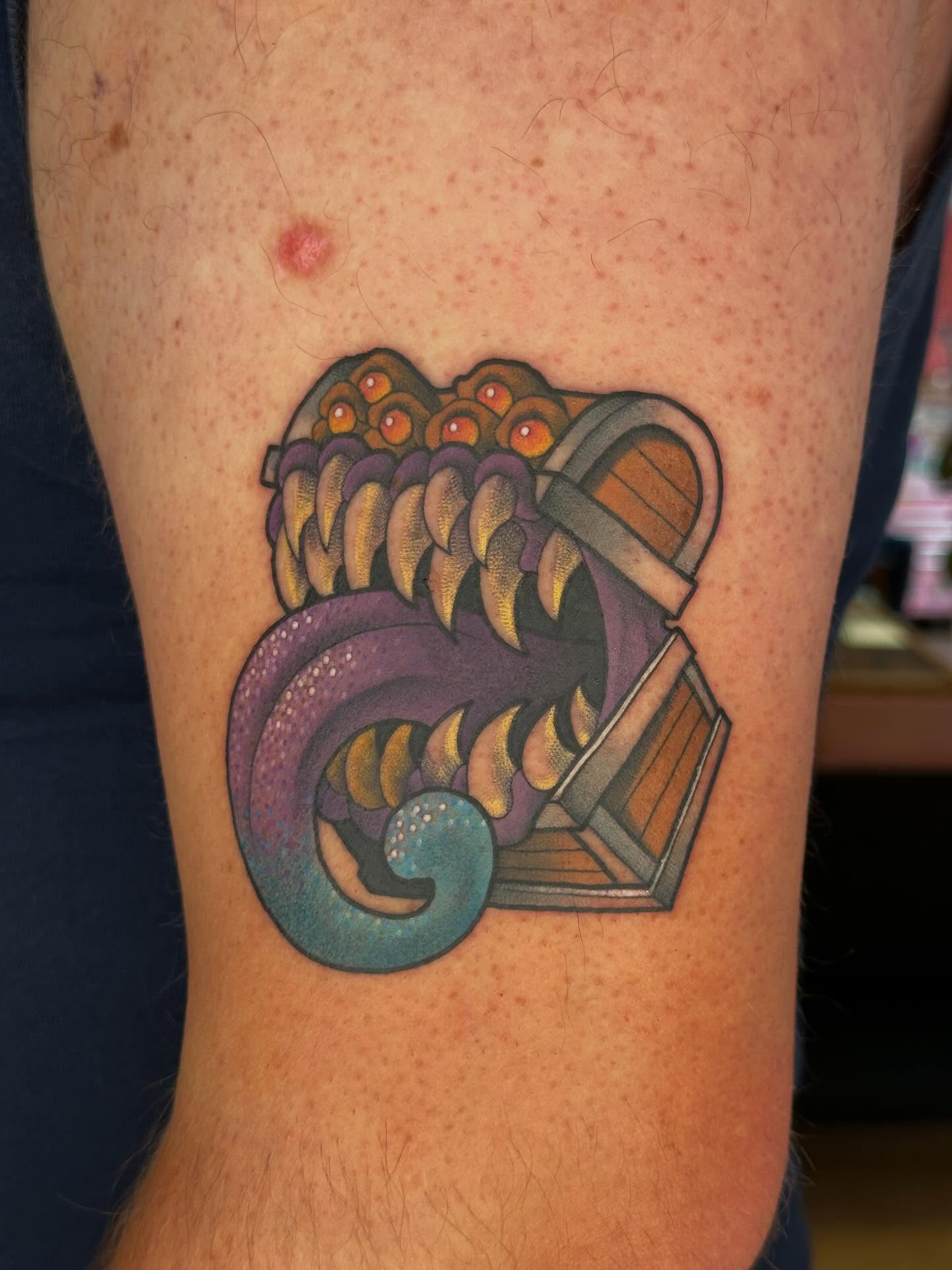 Treasure chest with tentacle American traditional tattoo on the forearm by ✨ Mandy Foster - Bremerton Tattoo Artist✨, Bremerton, Washington