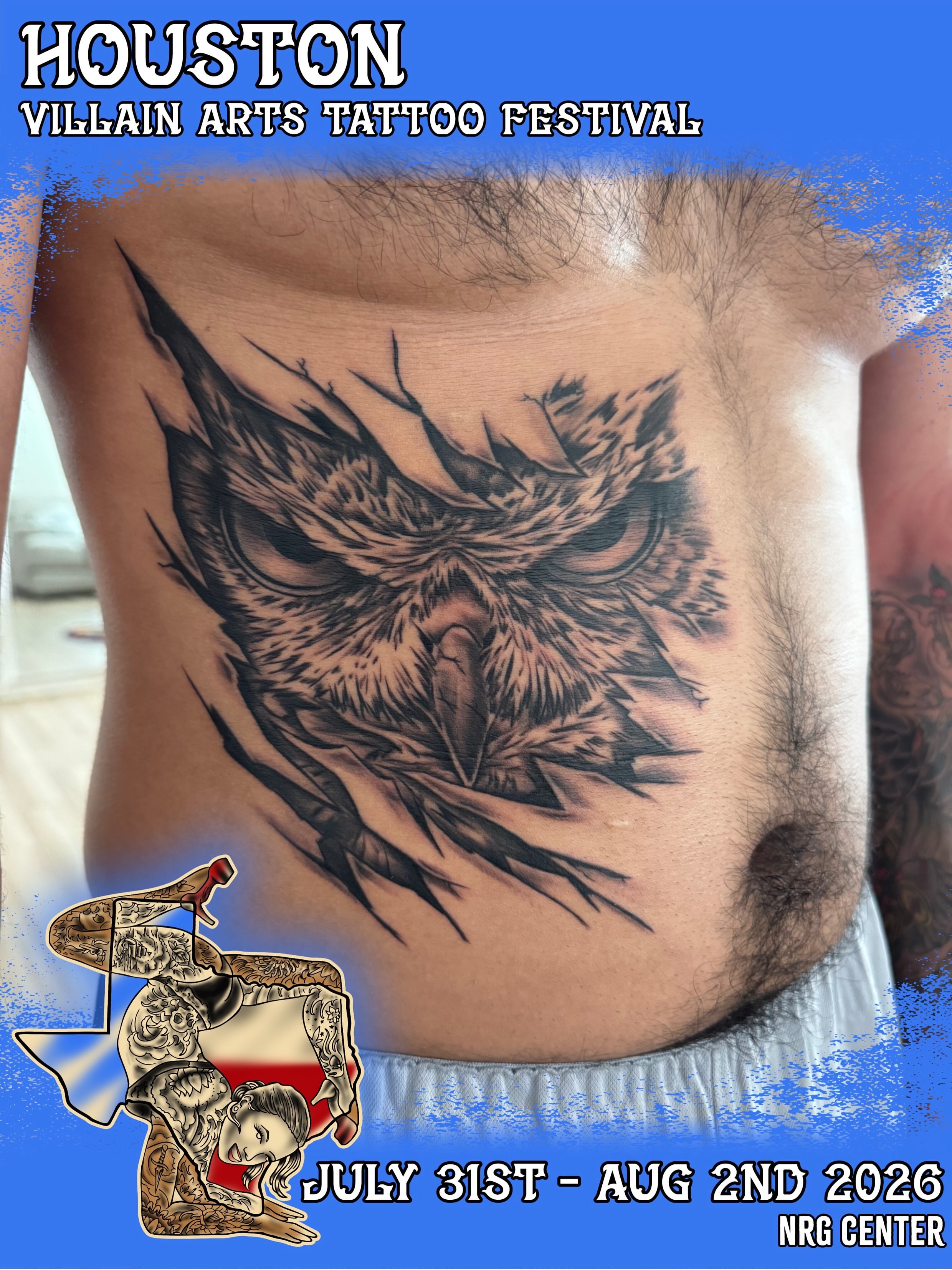 Owl realism tattoo on the chest by Anthony Pichardo 🦇