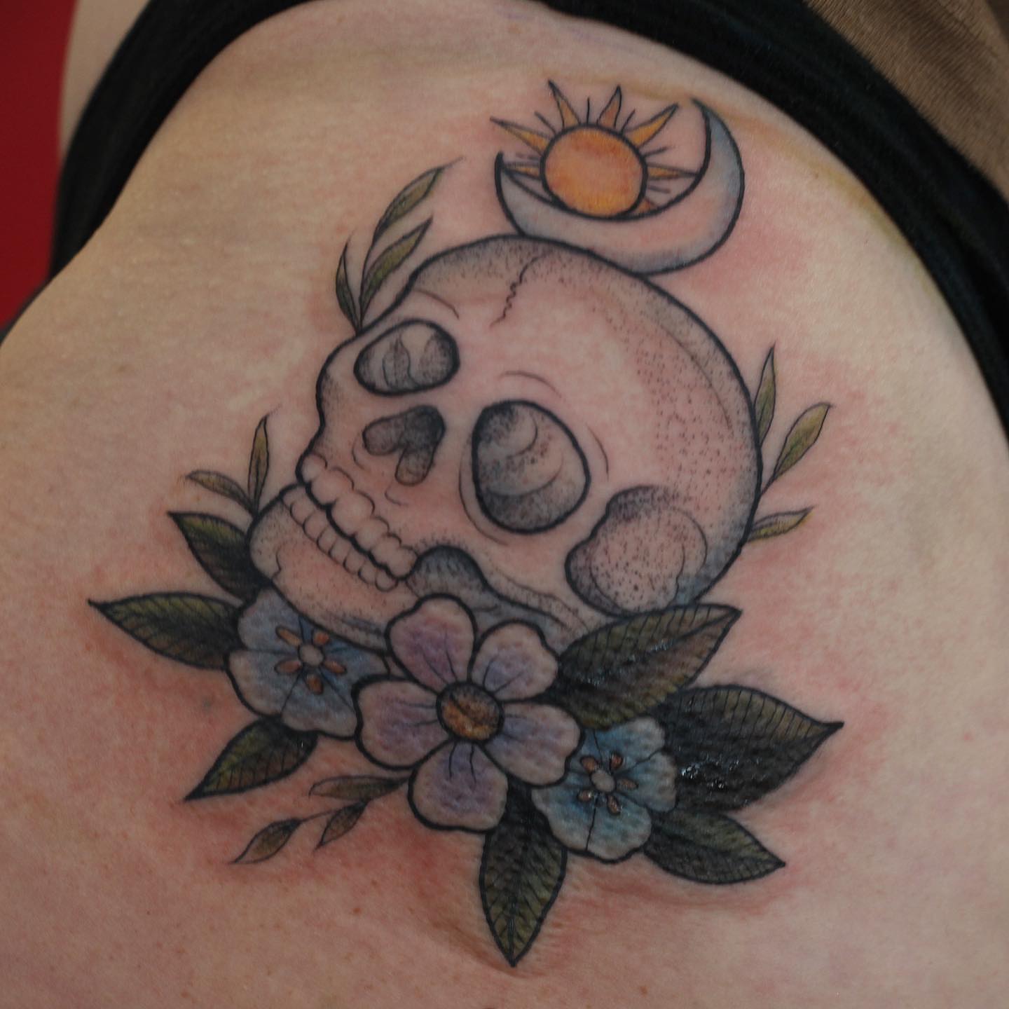 Skull and flowers American traditional tattoo on the shoulder by adrienne mae ❀