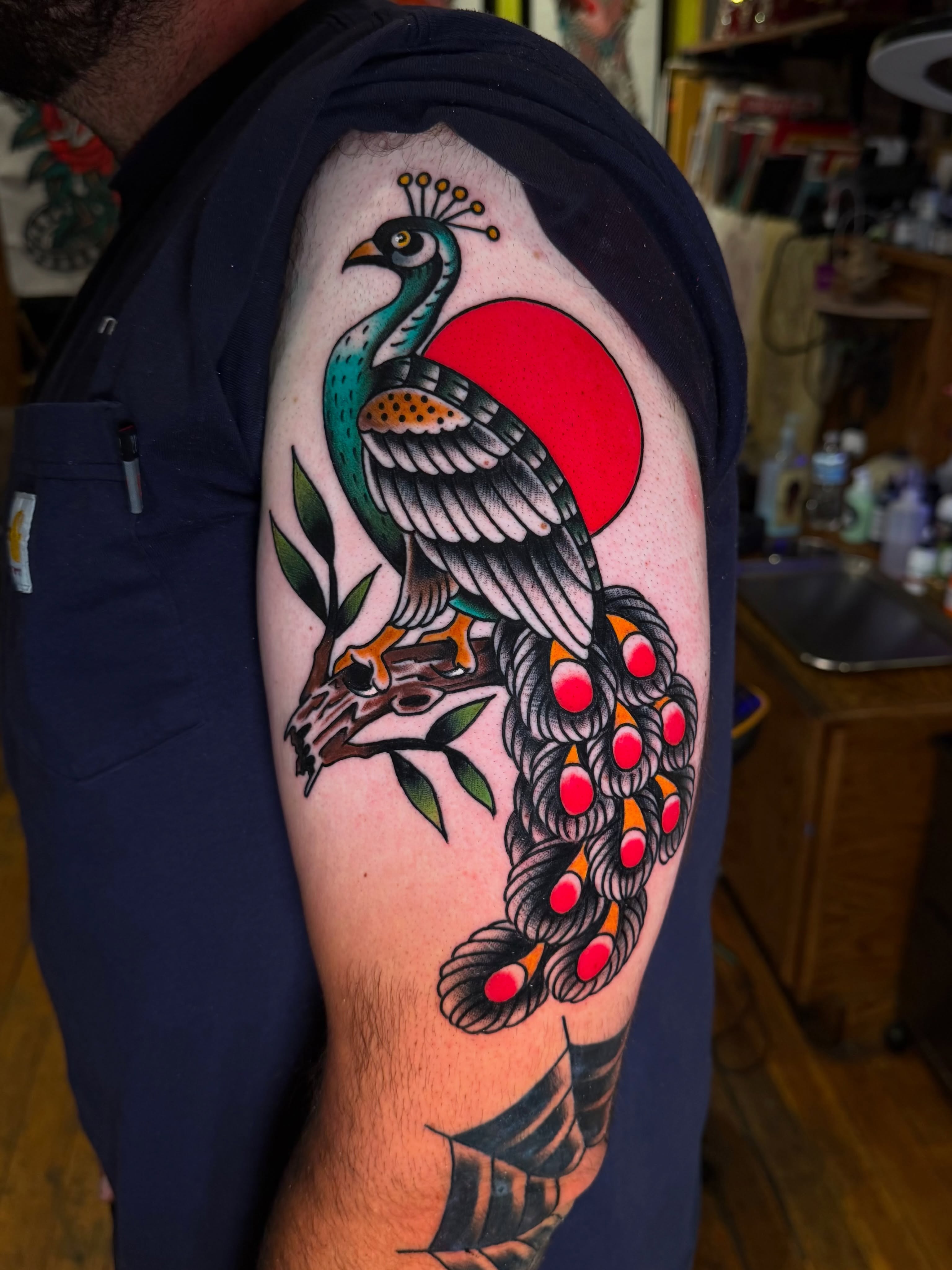 Peacock American traditional tattoo on the upper arm by πππ’π―π’π¨ πππΆπ©π¬π―π, Manchester, New Hampshire