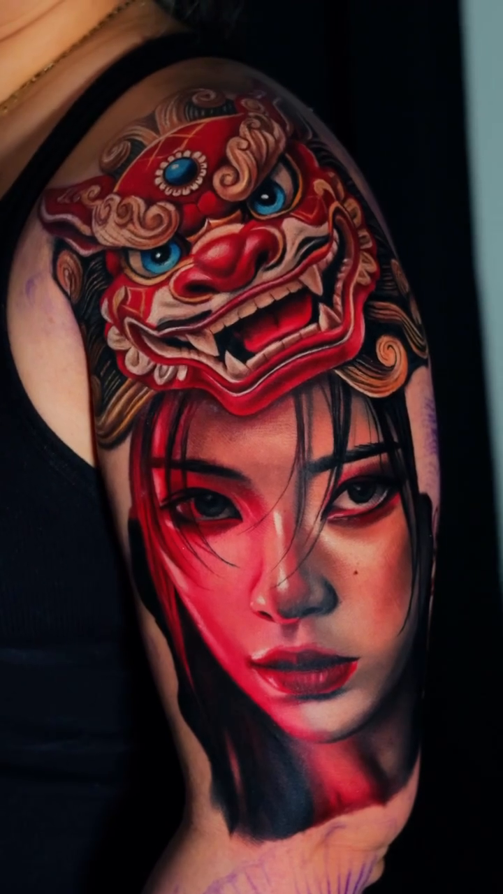 Woman with mask japanese irezumi tattoo by Maryssa Anne