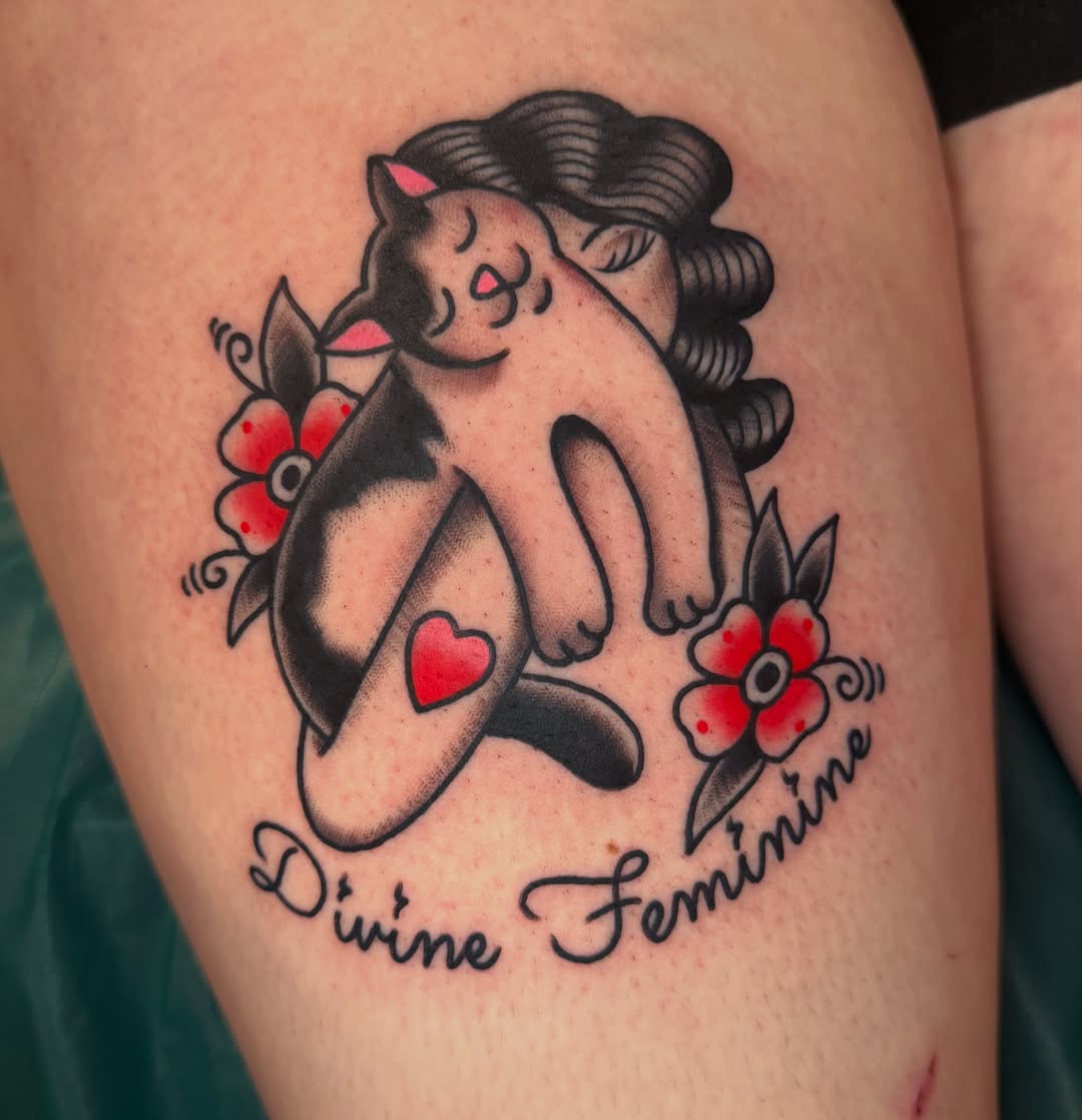 Divine feminine American traditional tattoo on the thigh by Christopher Mikesell