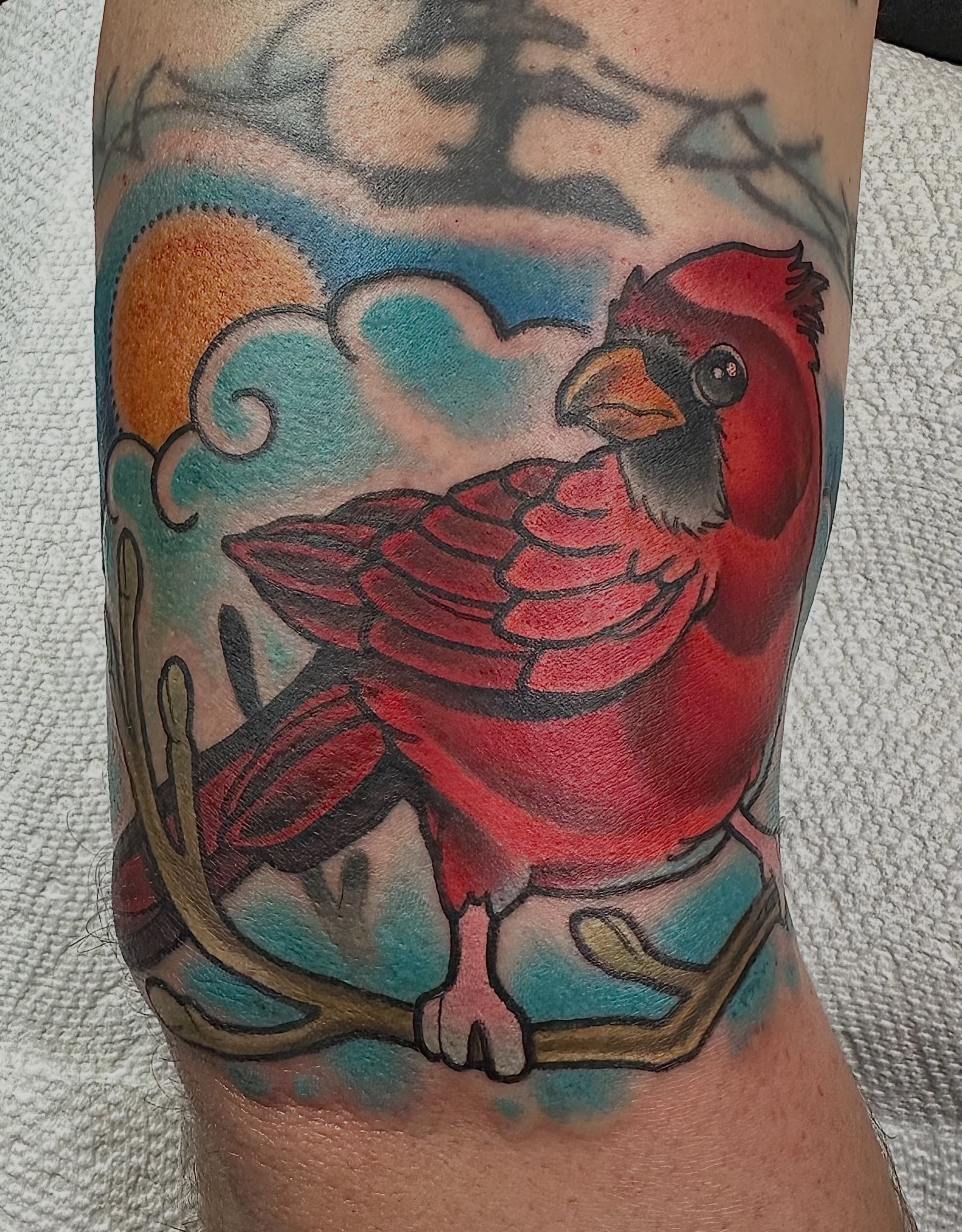Red cardinal American traditional tattoo on the forearm by Edward Knowles