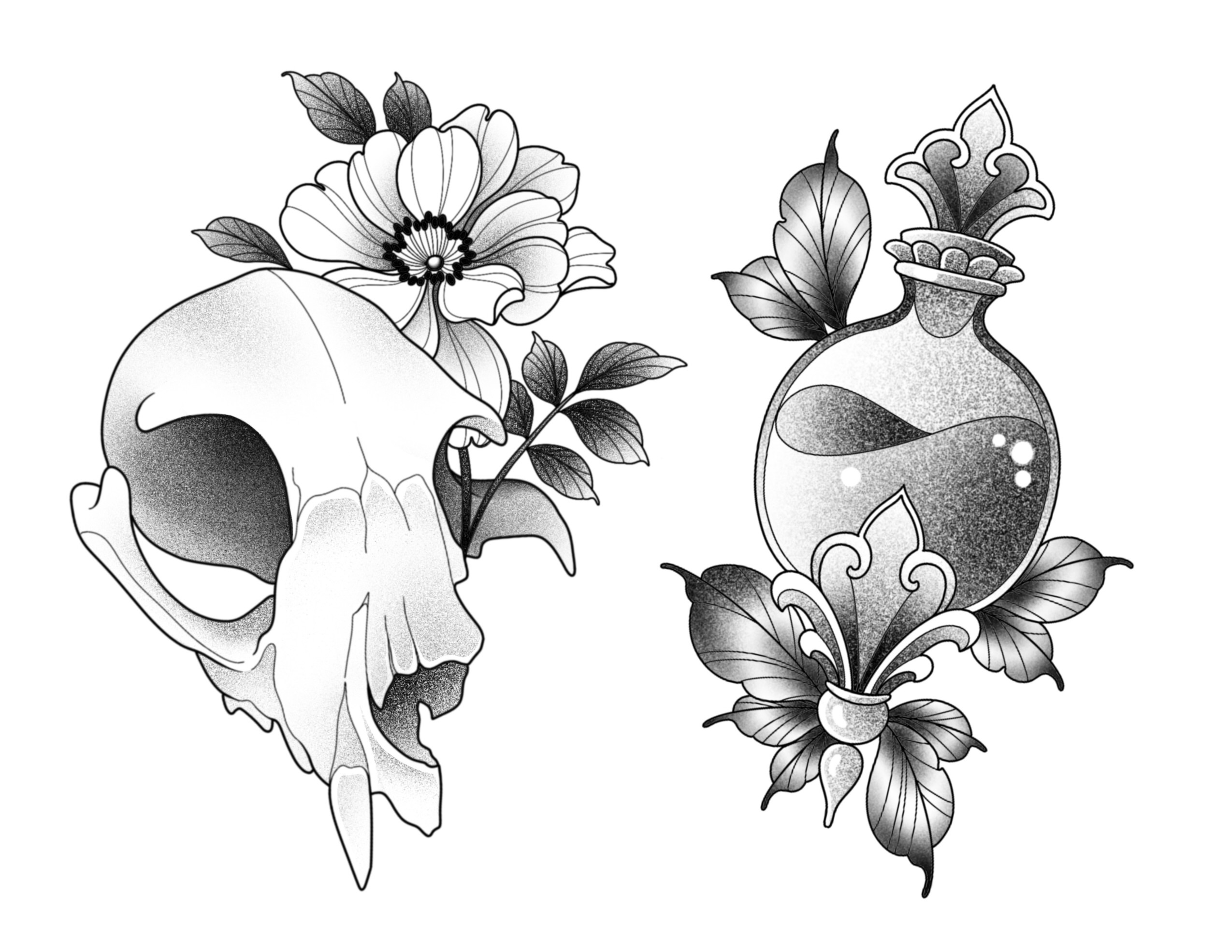 Skull and flower realism tattoo by Zoe Arrigo