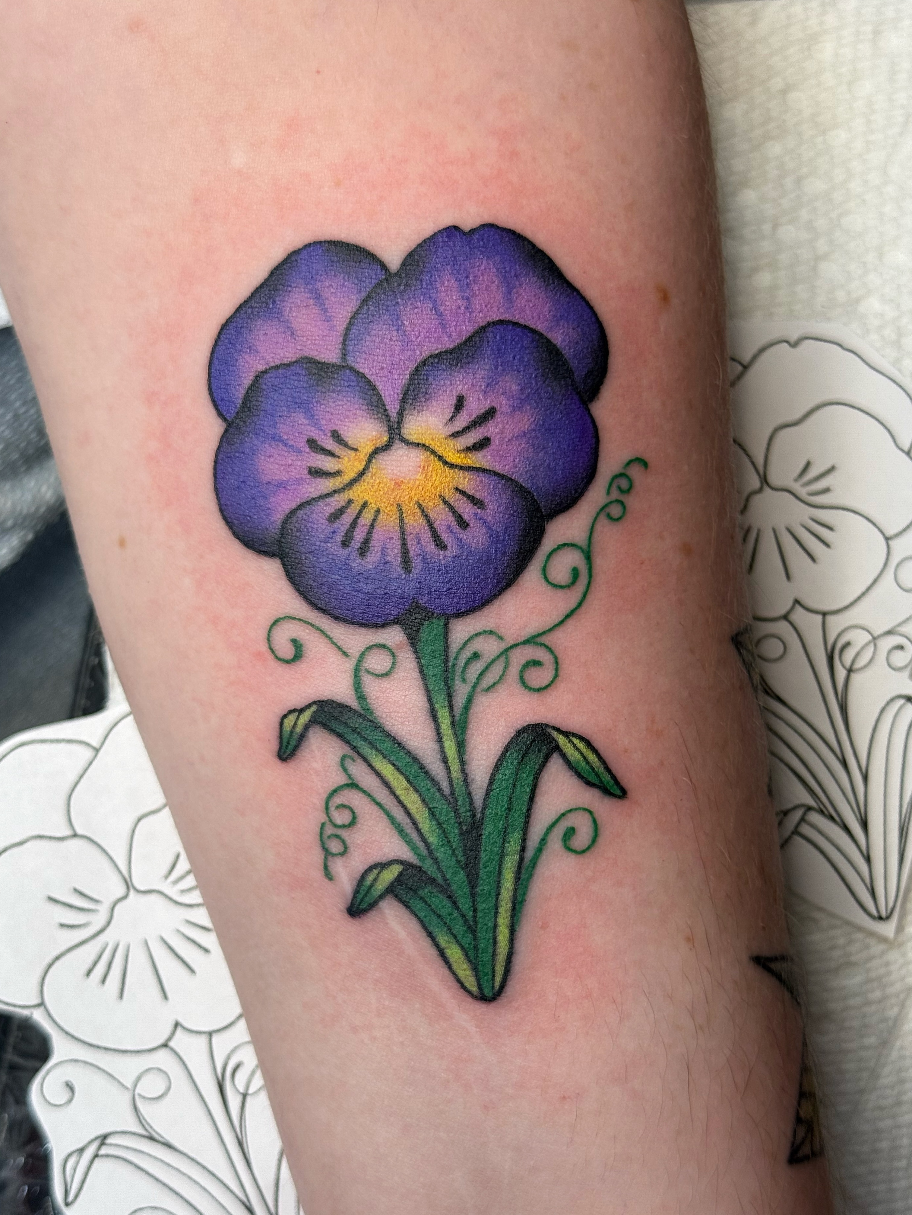 Purple pansy American traditional tattoo on the forearm by vic
