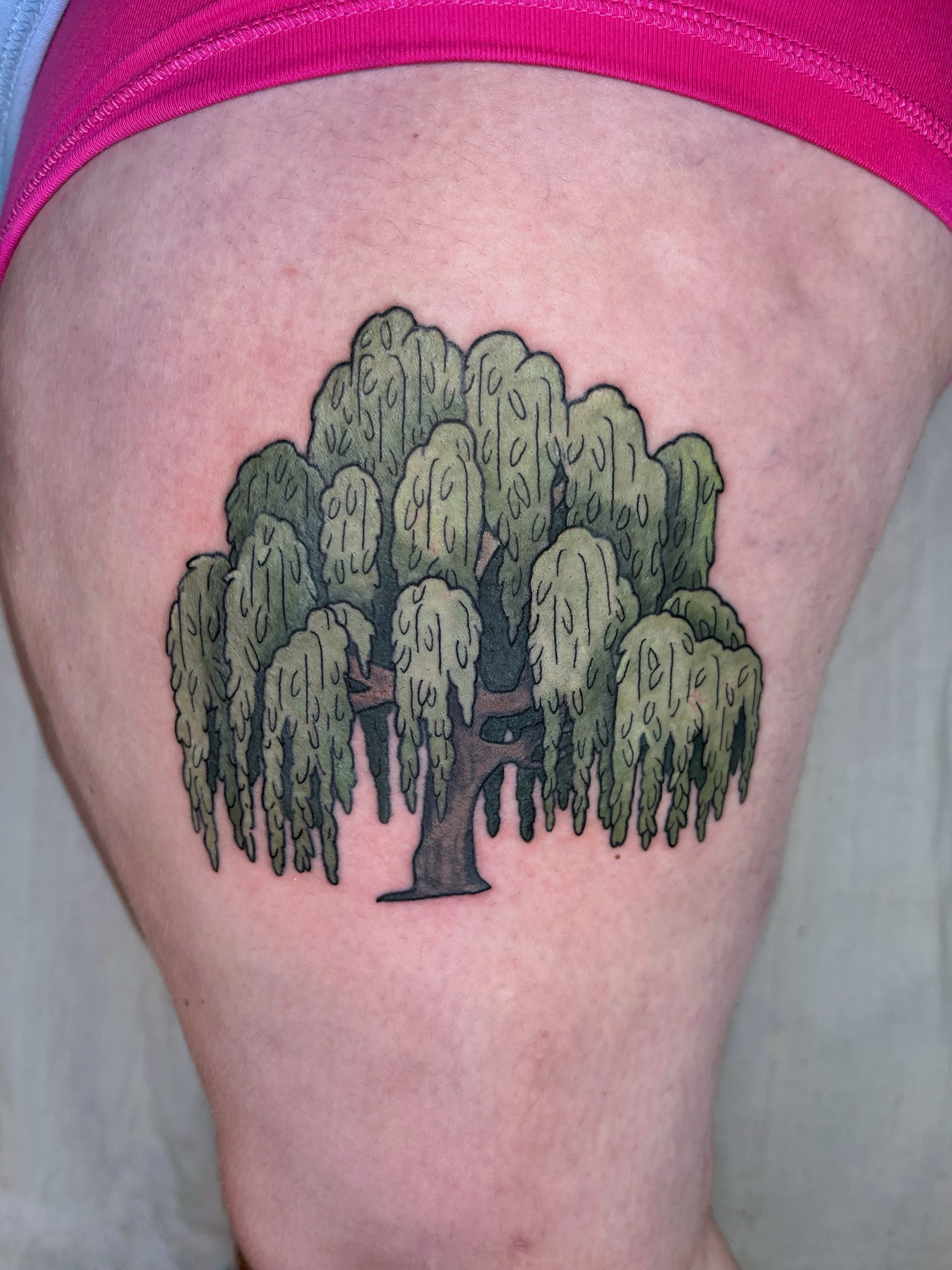 Weeping willow tree realism tattoo on the thigh by Maris Hare, Philadelphia, Pennsylvania