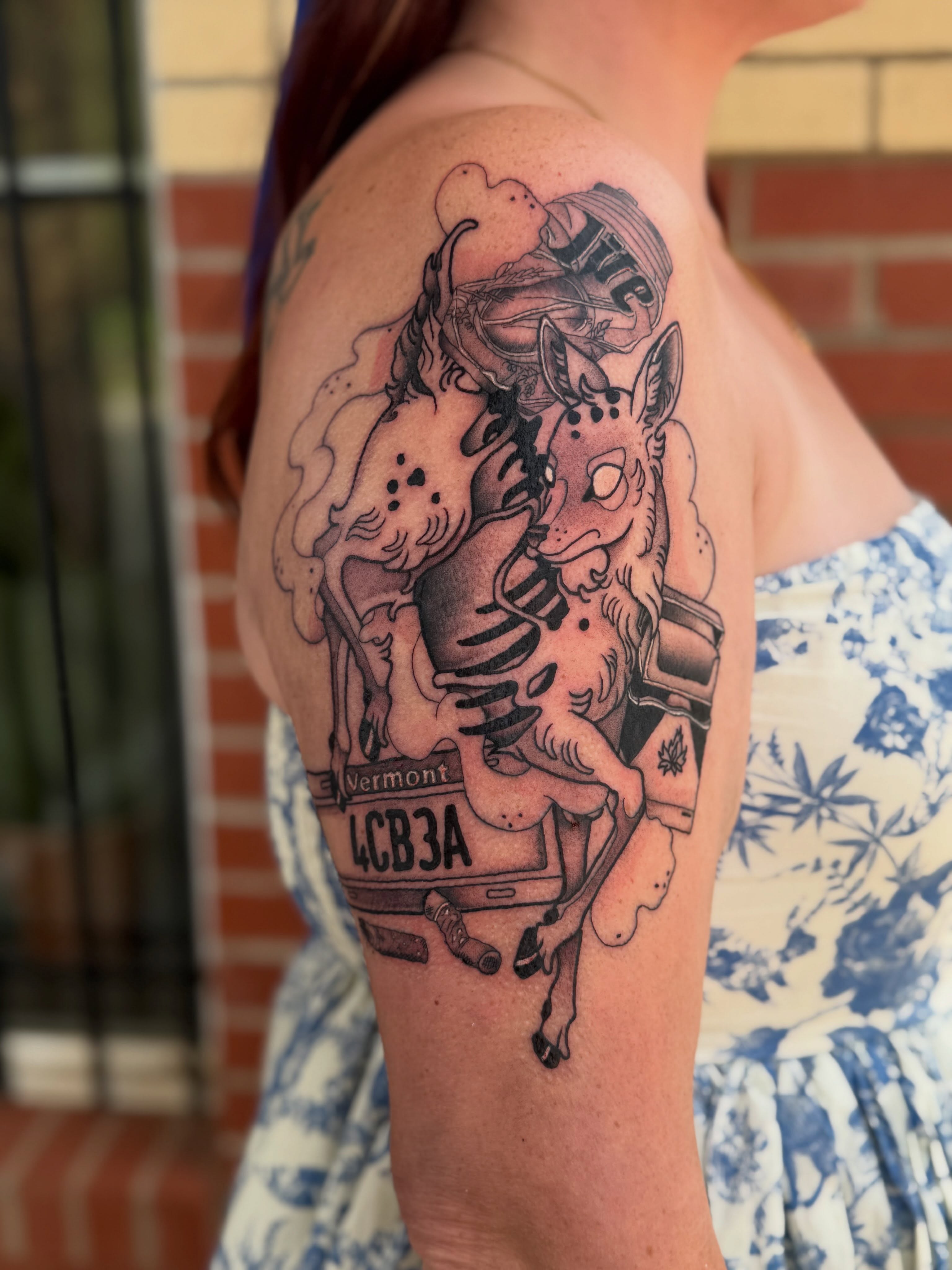Goat and truck black and grey tattoo on the shoulder by Aly Rucker, Murfreesboro, Tennessee