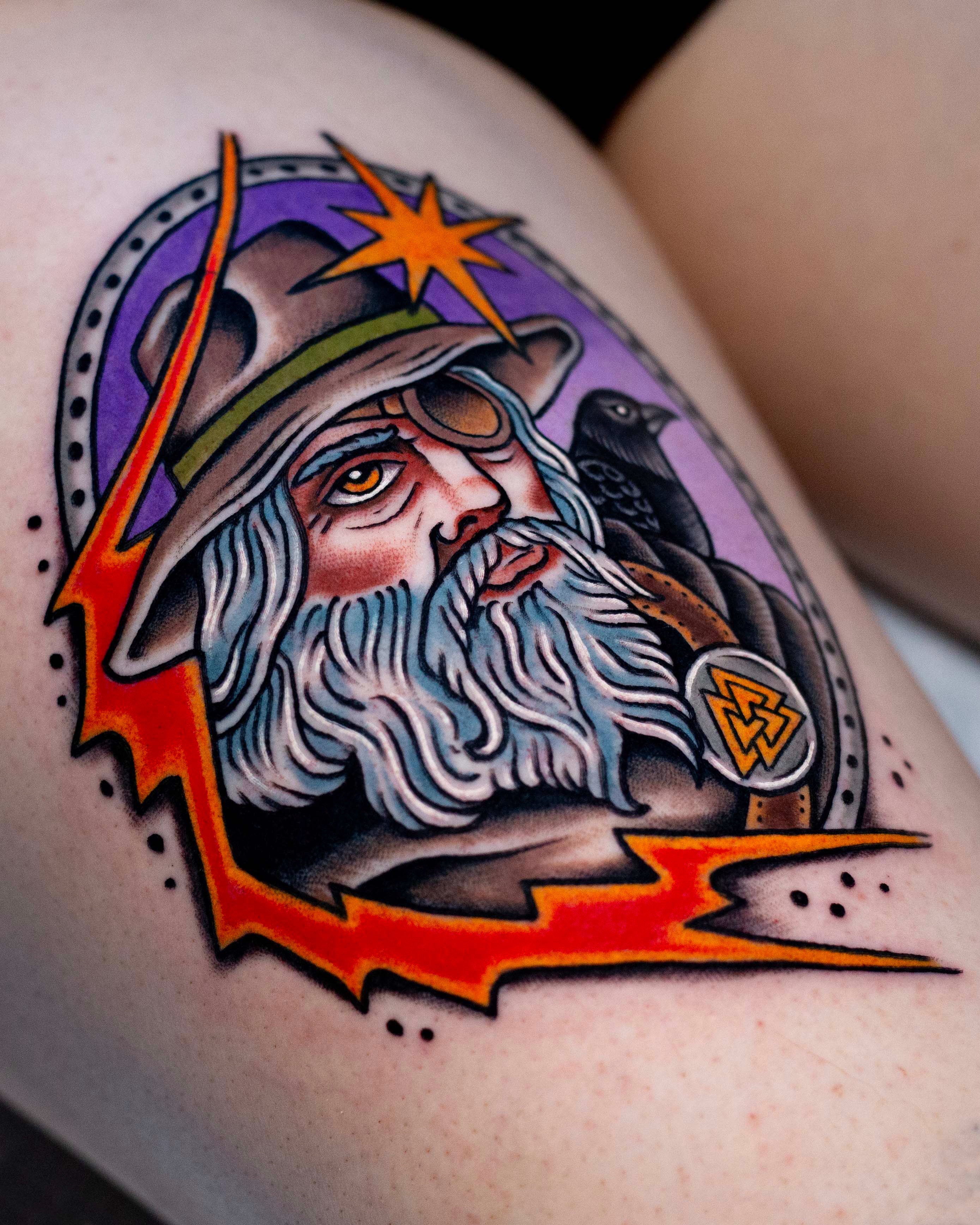 Viking warrior American traditional tattoo on the shoulder by Miguel Comin