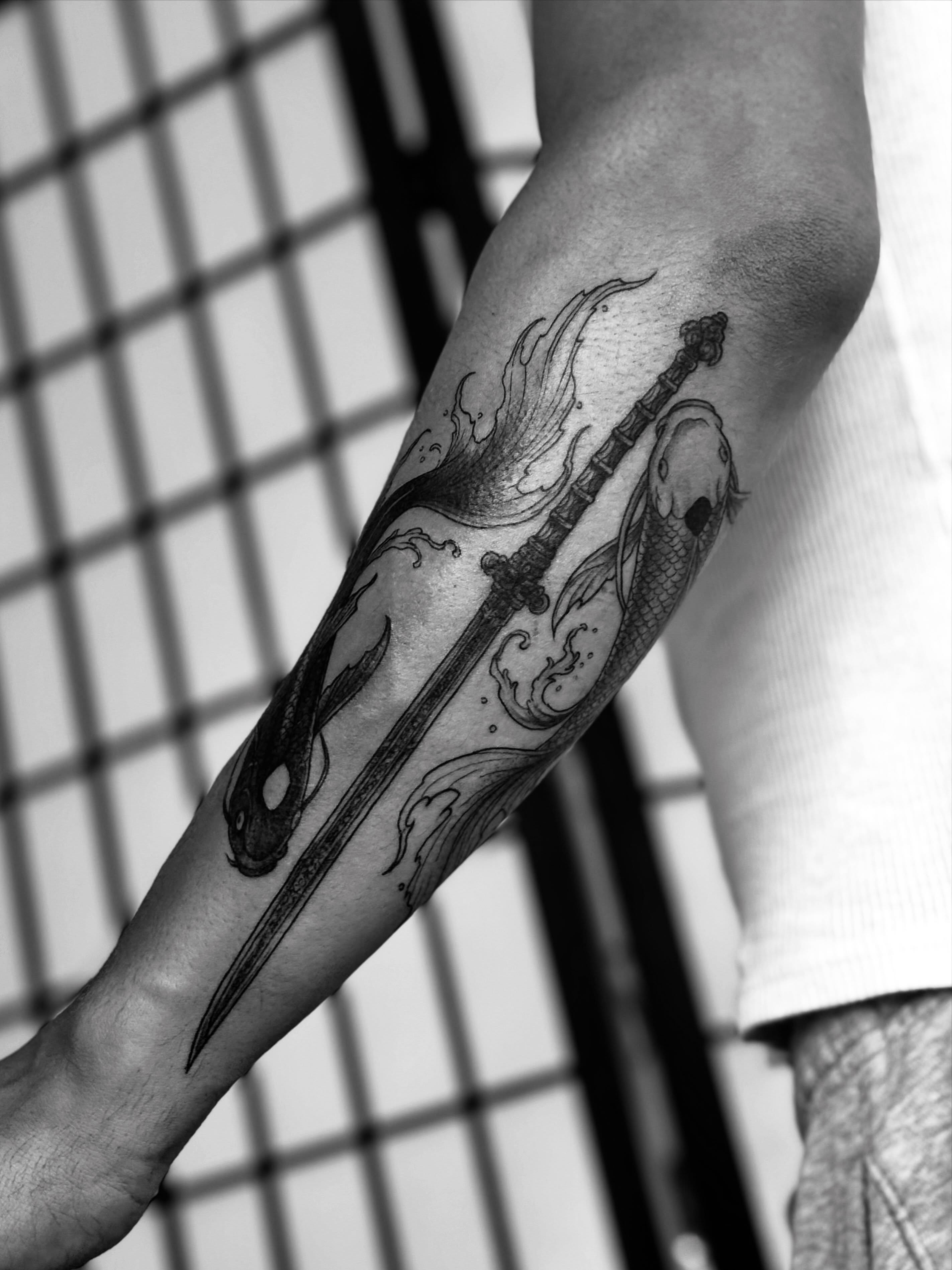 Sword and dragon dotwork tattoo on the forearm by MISO ⟡ Bay Area Tattoo Artist