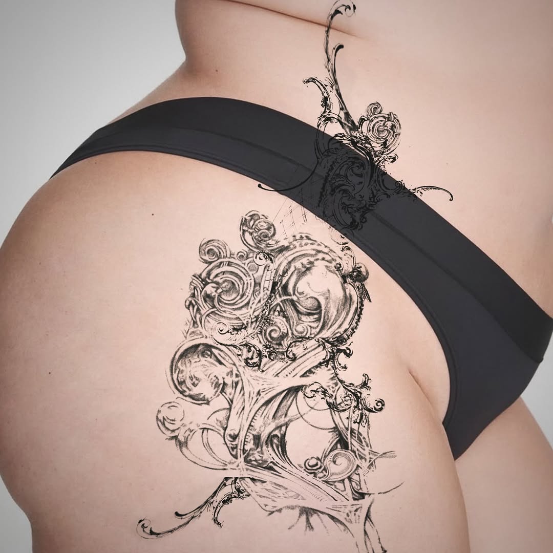 Ornamental skull design ornamental tattoo on the thigh by @initiationoftorture