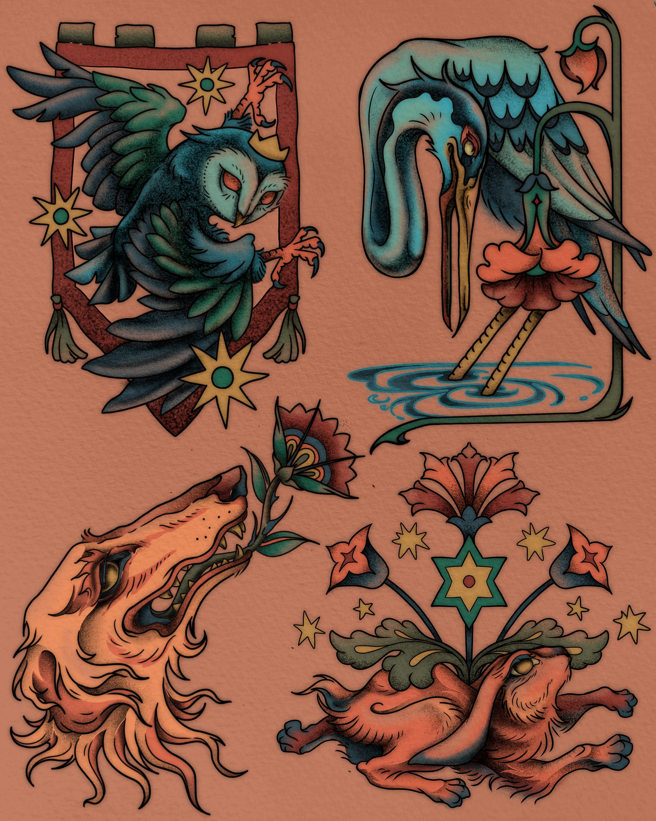 Fantasy creatures American traditional tattoo by Ivy-Jade Edwards, Memphis, Tennessee