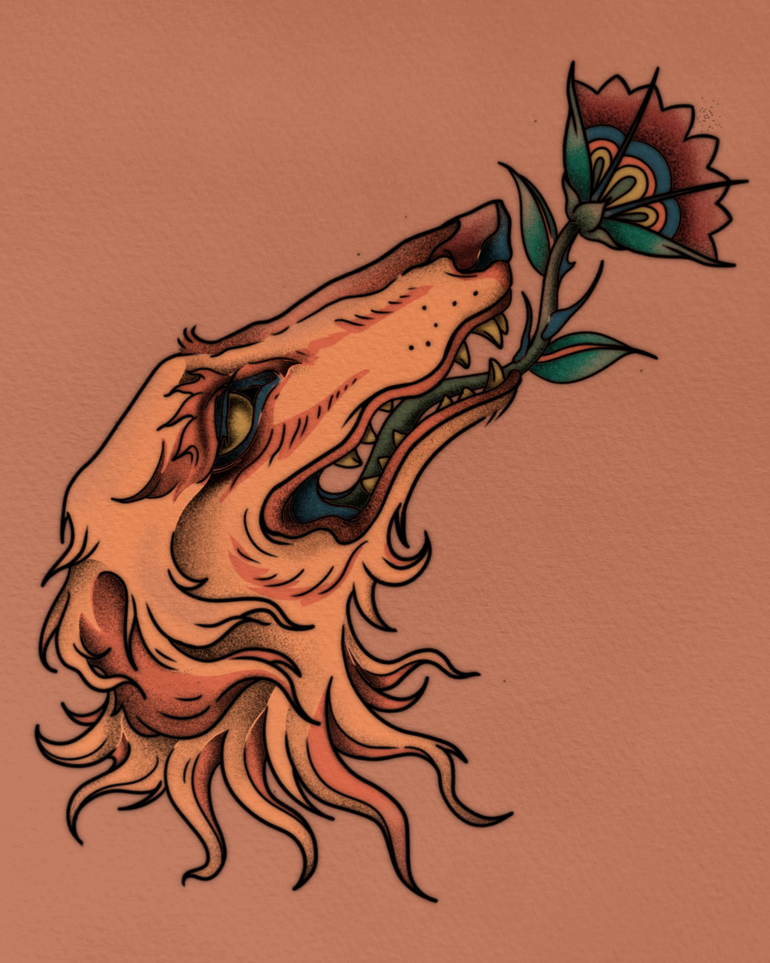 Wolf and flower American traditional tattoo by Ivy-Jade Edwards, Memphis, Tennessee