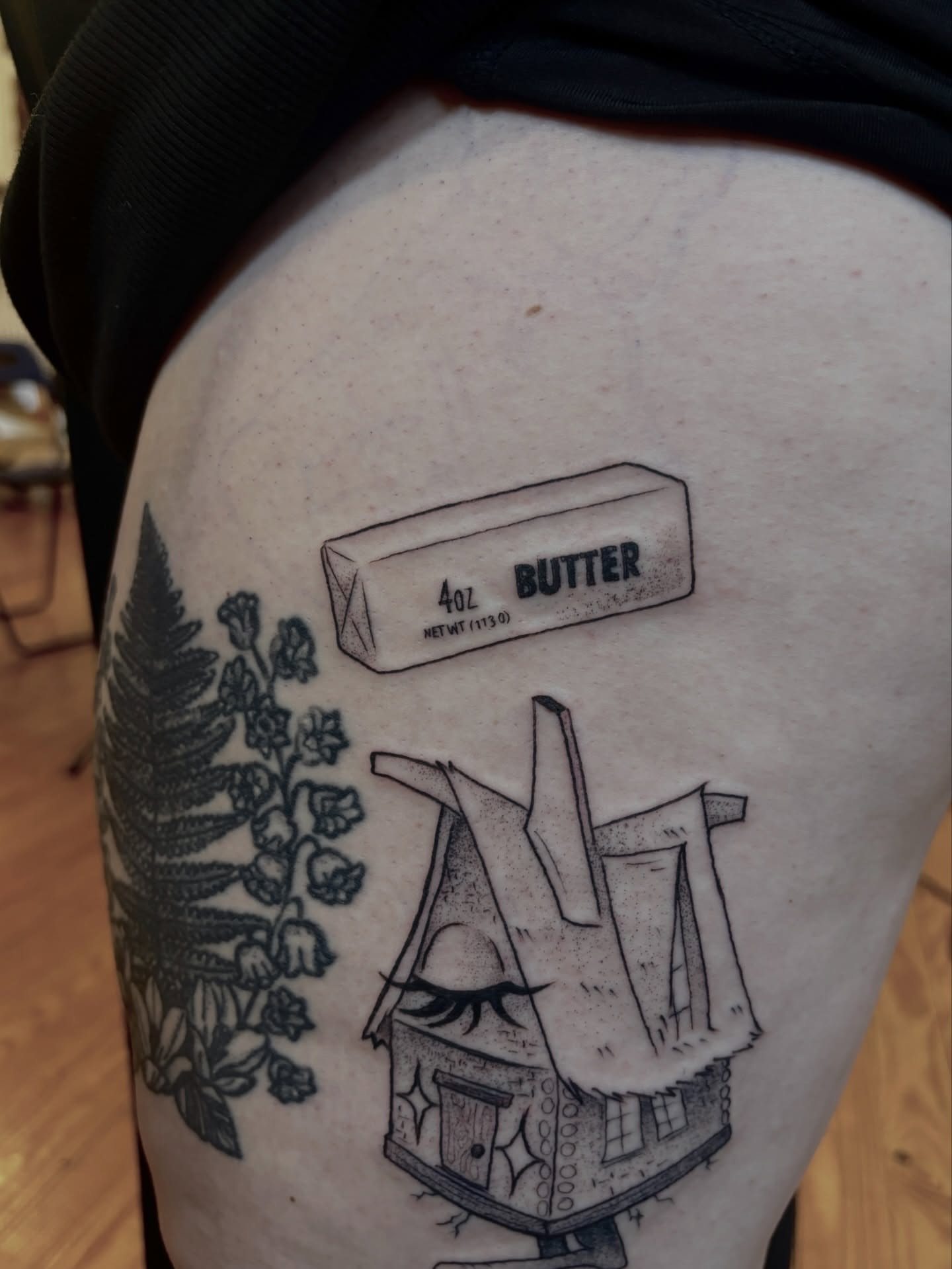 Butter box house black and grey tattoo on the thigh by V ☆ Cincinnati Tattoo Artist