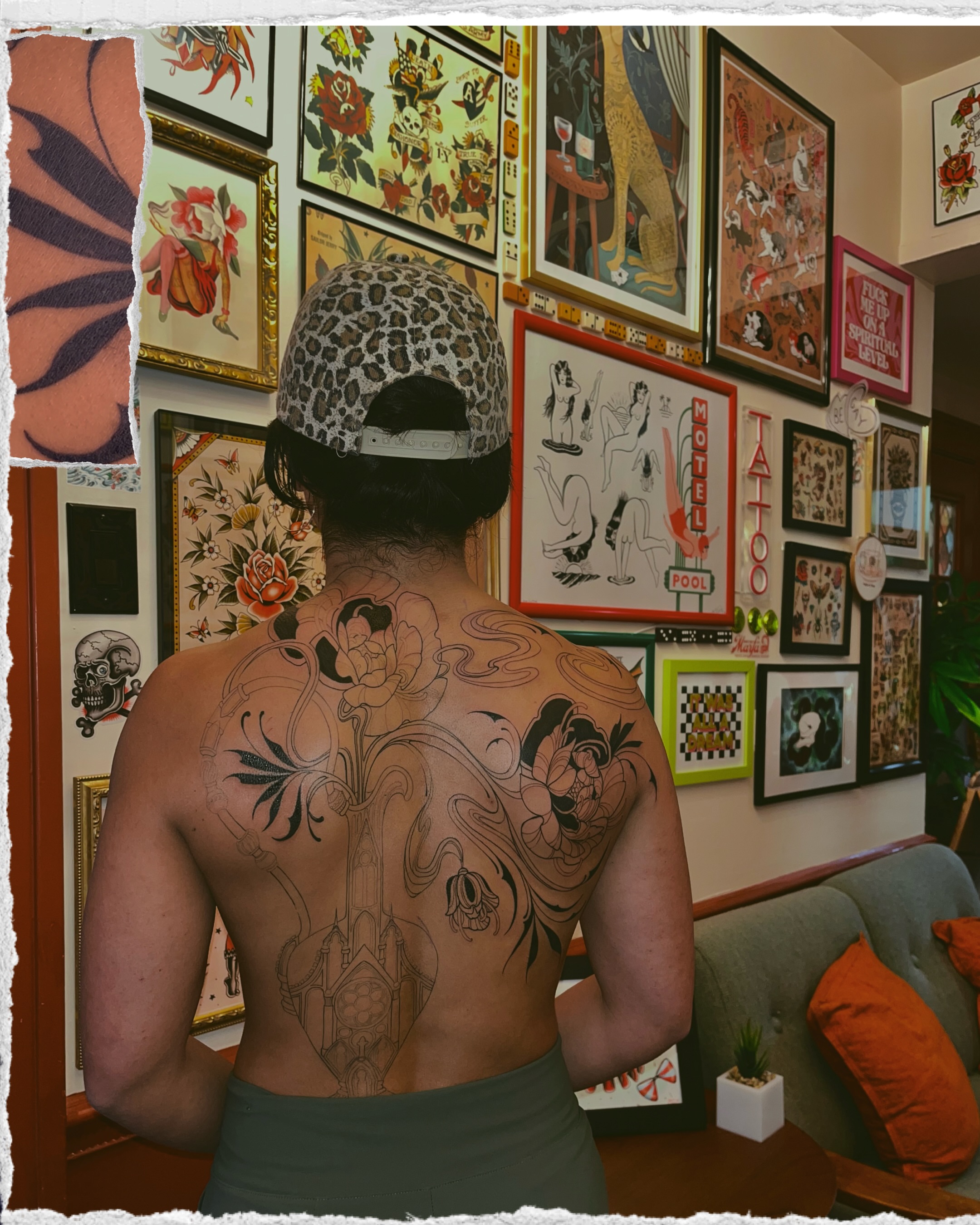 Floral and architectural American traditional tattoo on the back by Kyla Jae