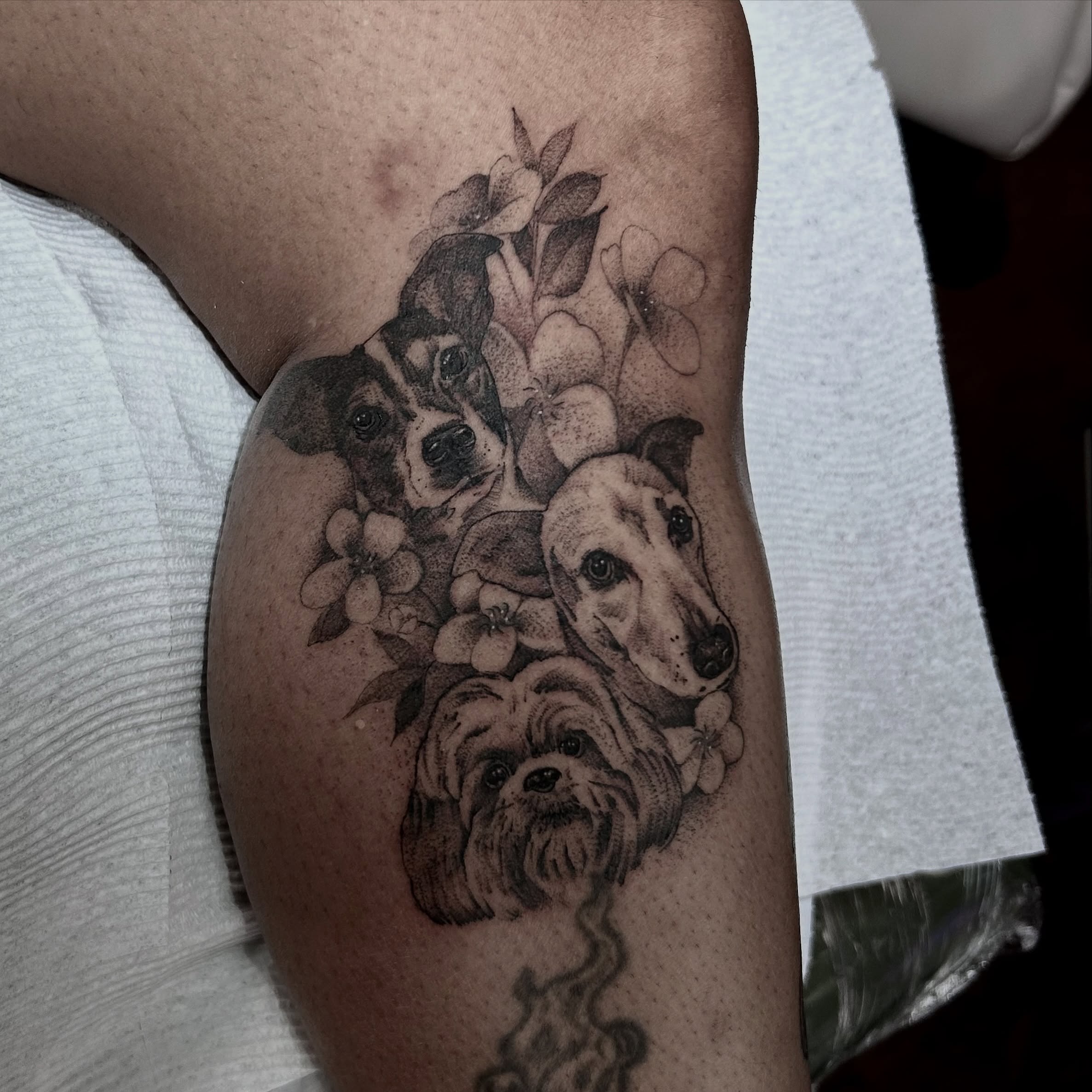 Dogs and flowers realism tattoo on the thigh by Beejay Tattoo Artist San Antonio Amarillo TX