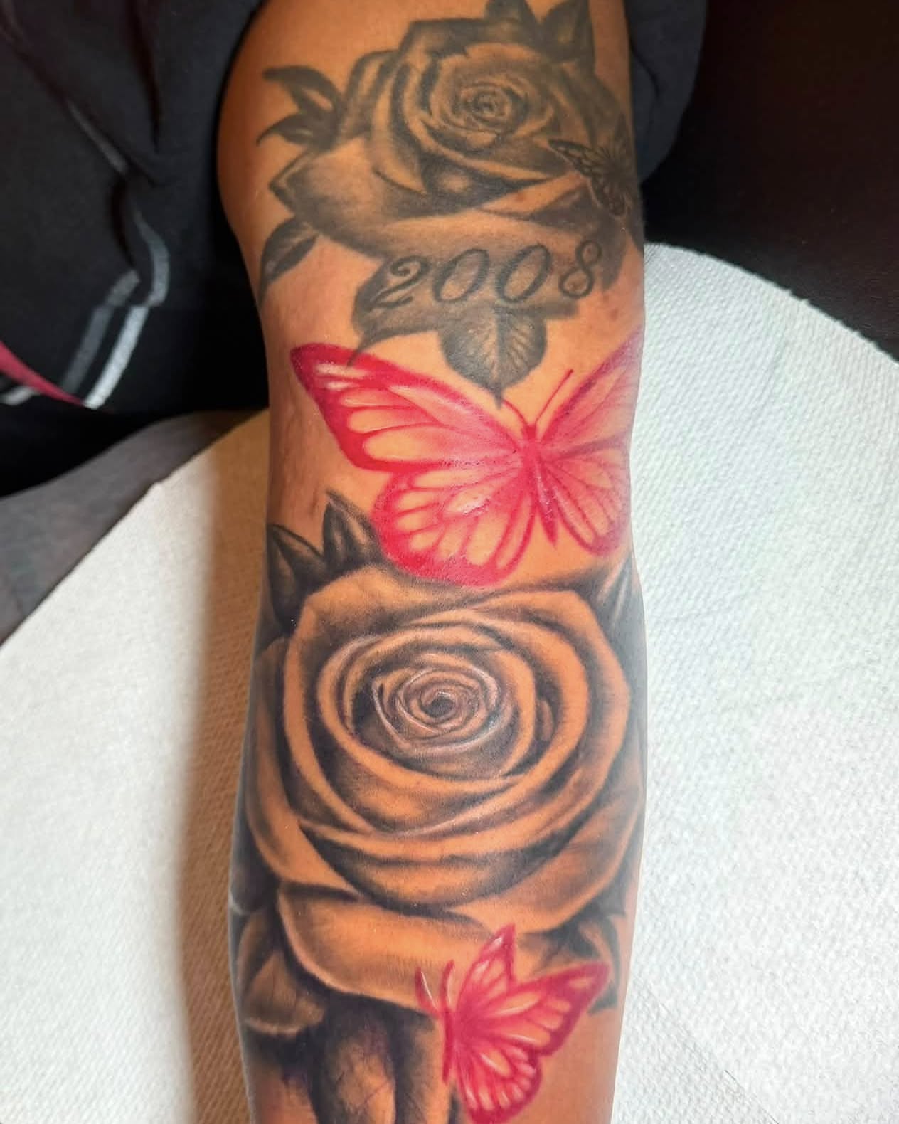 Roses and butterflies realism tattoo on the forearm by Don Juan Ink Therapy, Jamesburg, New Jersey