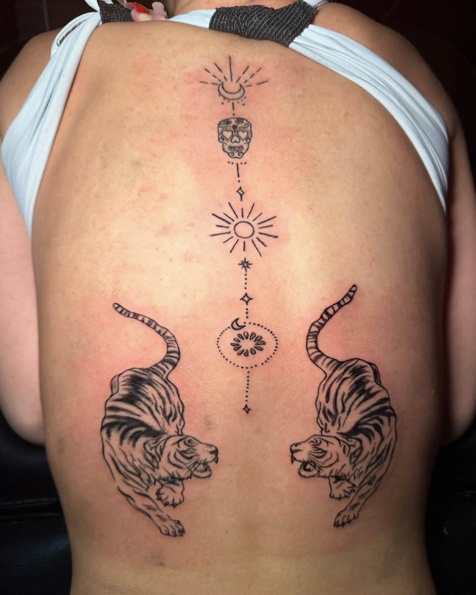 Tigers and celestial symbols geometric tattoo on the back by Don Juan Ink Therapy, Jamesburg, New Jersey