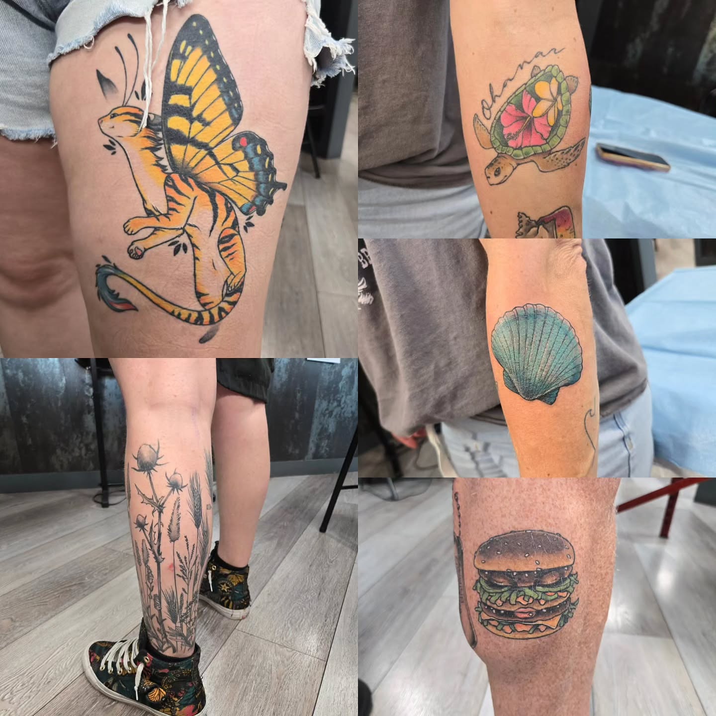 Butterfly American traditional tattoo on the thigh by Britty Love, Nashville, Tennessee