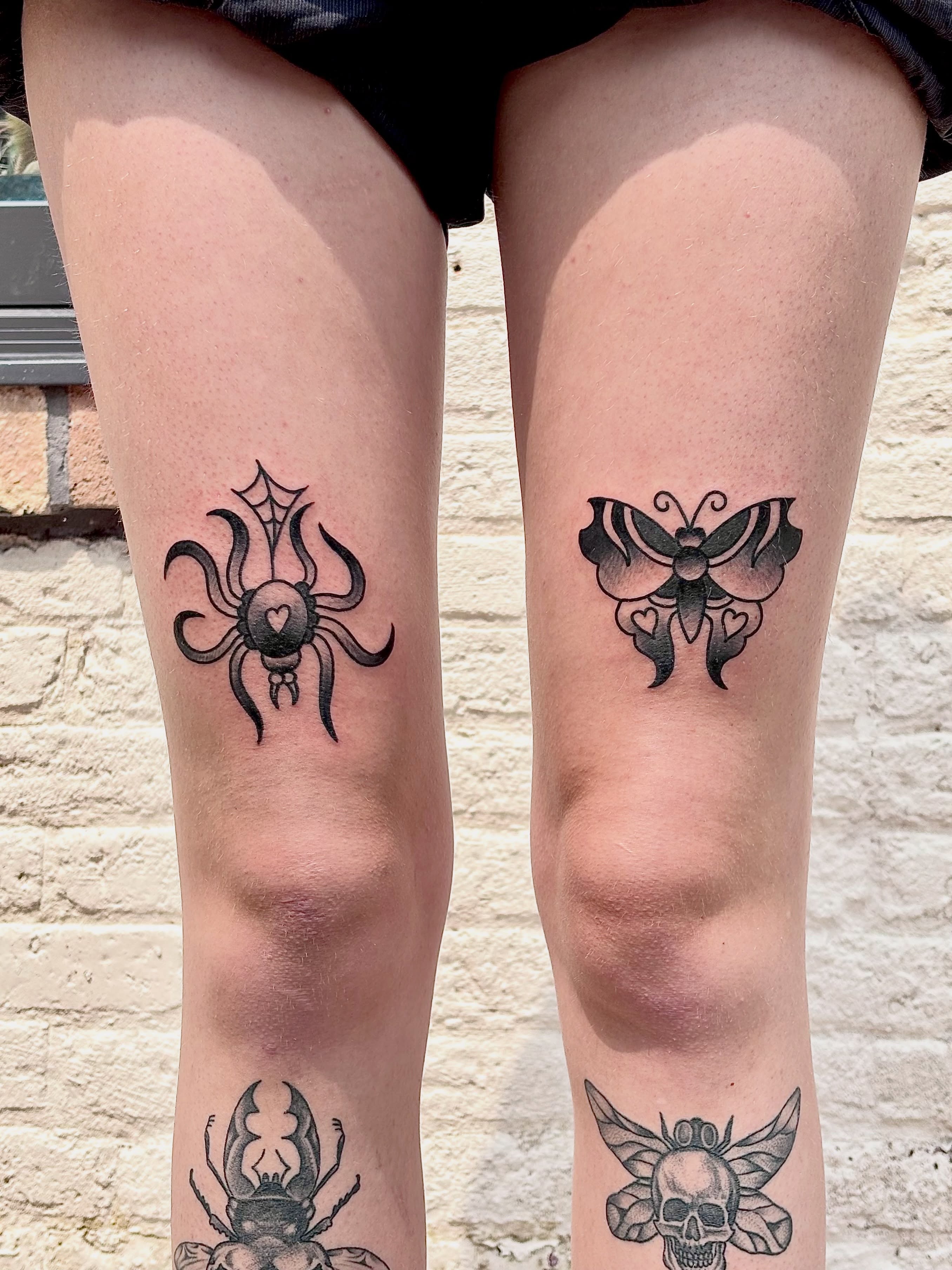 Spider and butterfly black and grey tattoo on the thigh by ★ ★ ★ Matt Reinstone ★ ★ ★