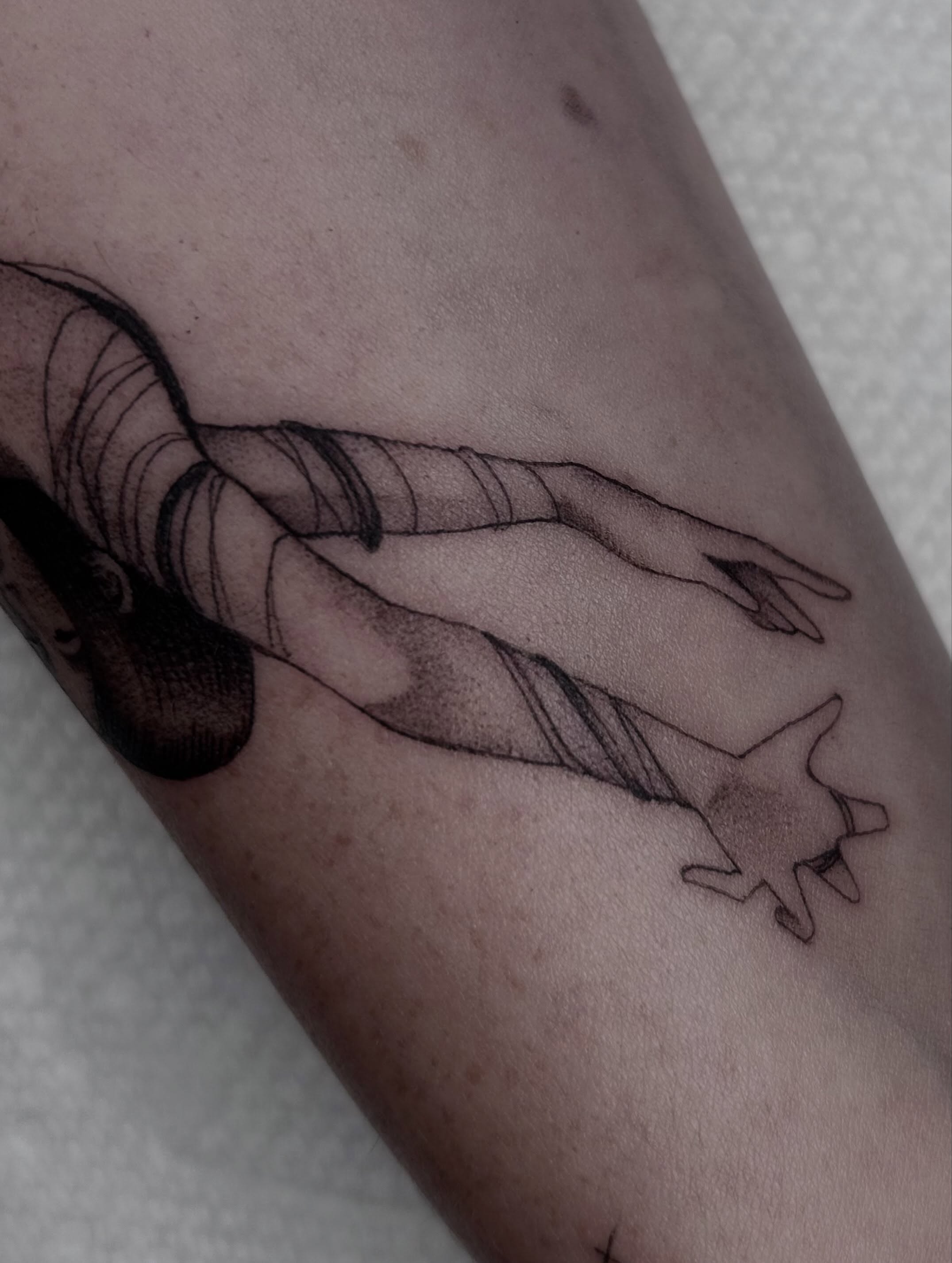 Hand reaching for star dotwork tattoo on the forearm by Olivia Fox
