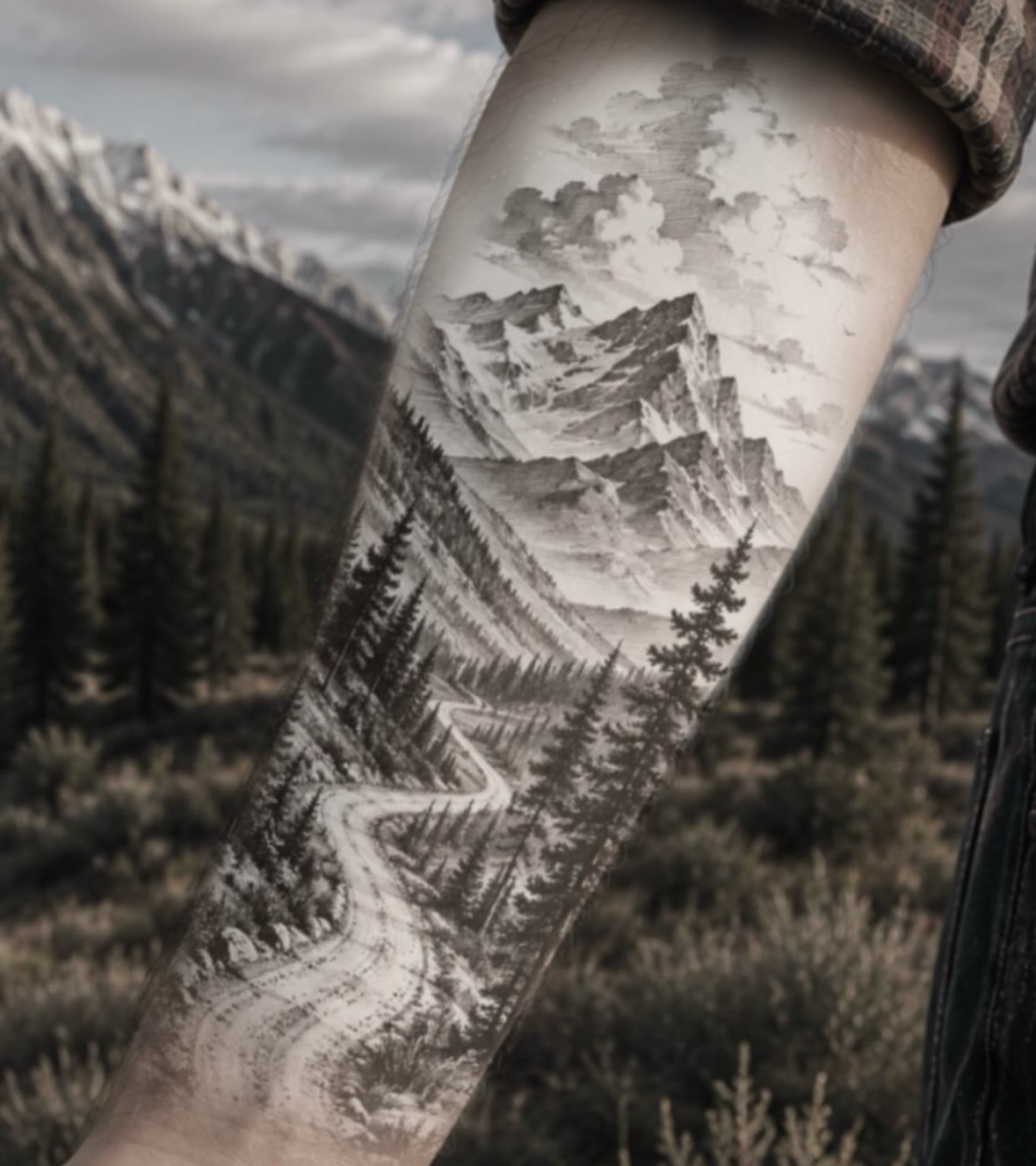 Mountain landscape realism tattoo on the forearm by Mtctattoos