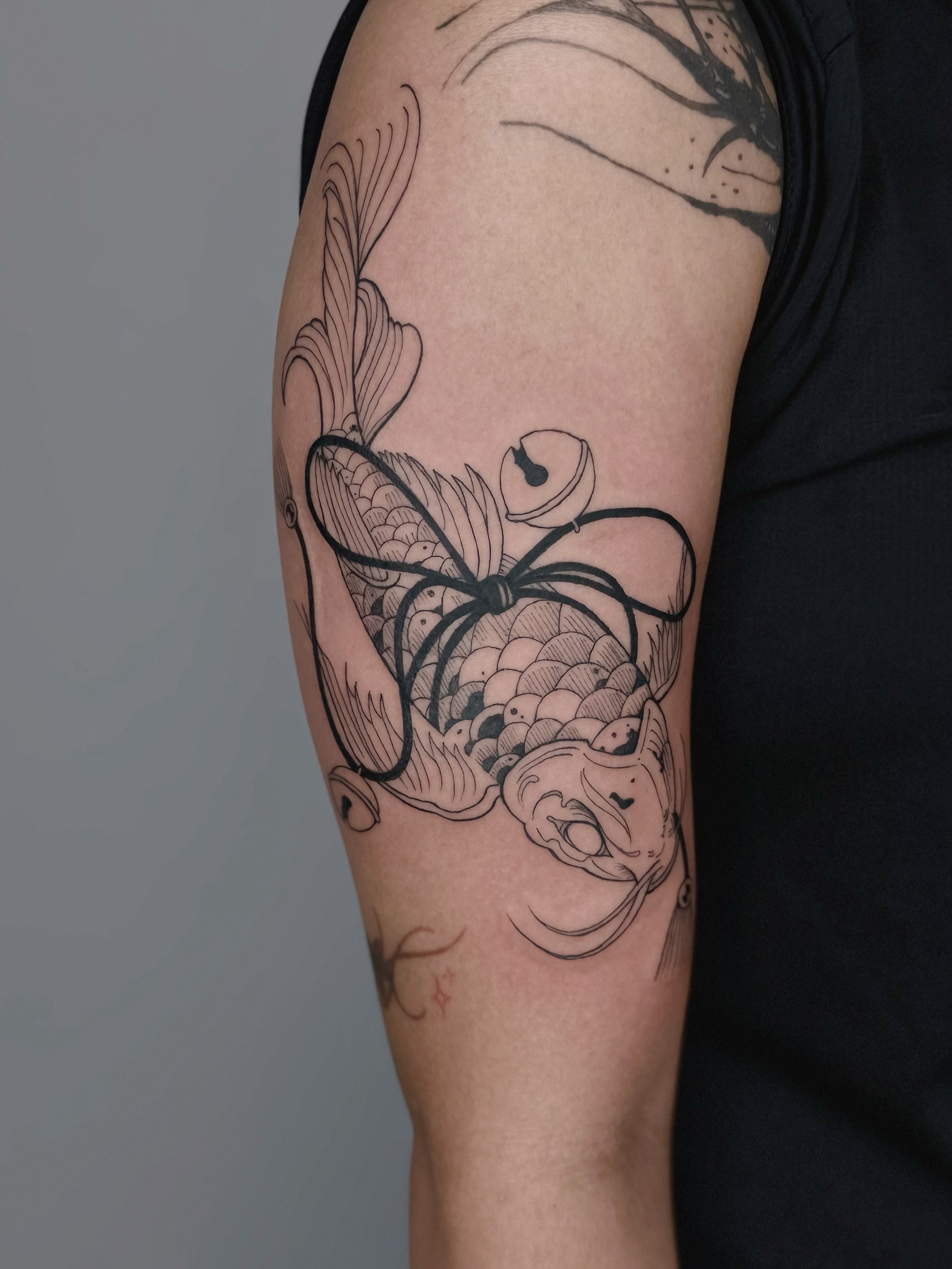Koi fish black and grey tattoo on the forearm by ๐๐๐๐ ๐๐๐๐๐๐ ๐๐๐๐๐
