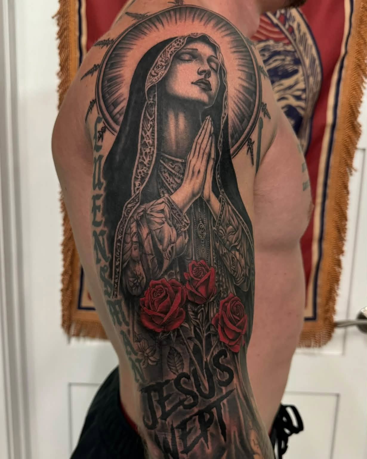 Our Lady of Guadalupe American traditional tattoo on the thigh by Skott Kautman, Dubuque, Iowa