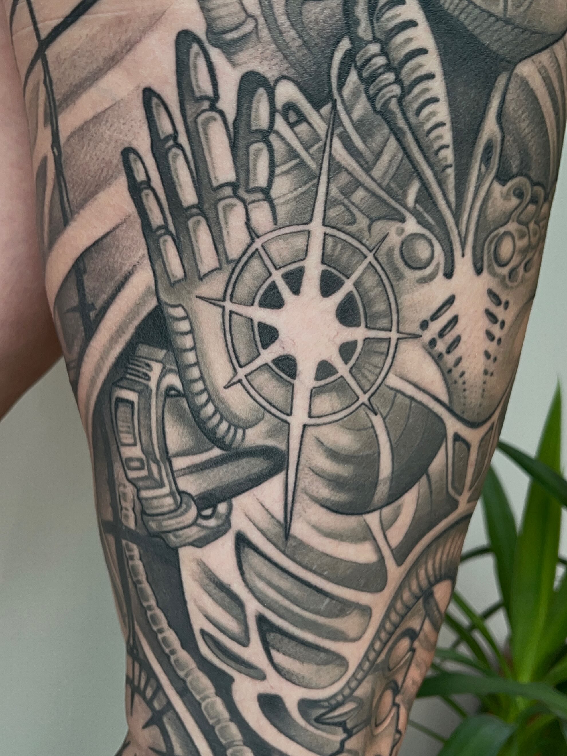Cyborg hand geometric tattoo on the forearm by Samantha Castrovinci, Durham, North Carolina