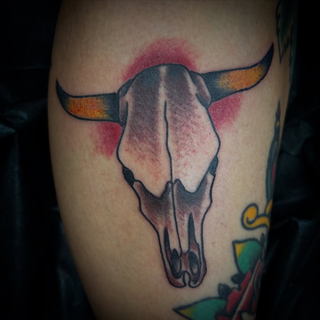 Bull skull American traditional tattoo on the thigh by Tattoos Las Vegas,NV