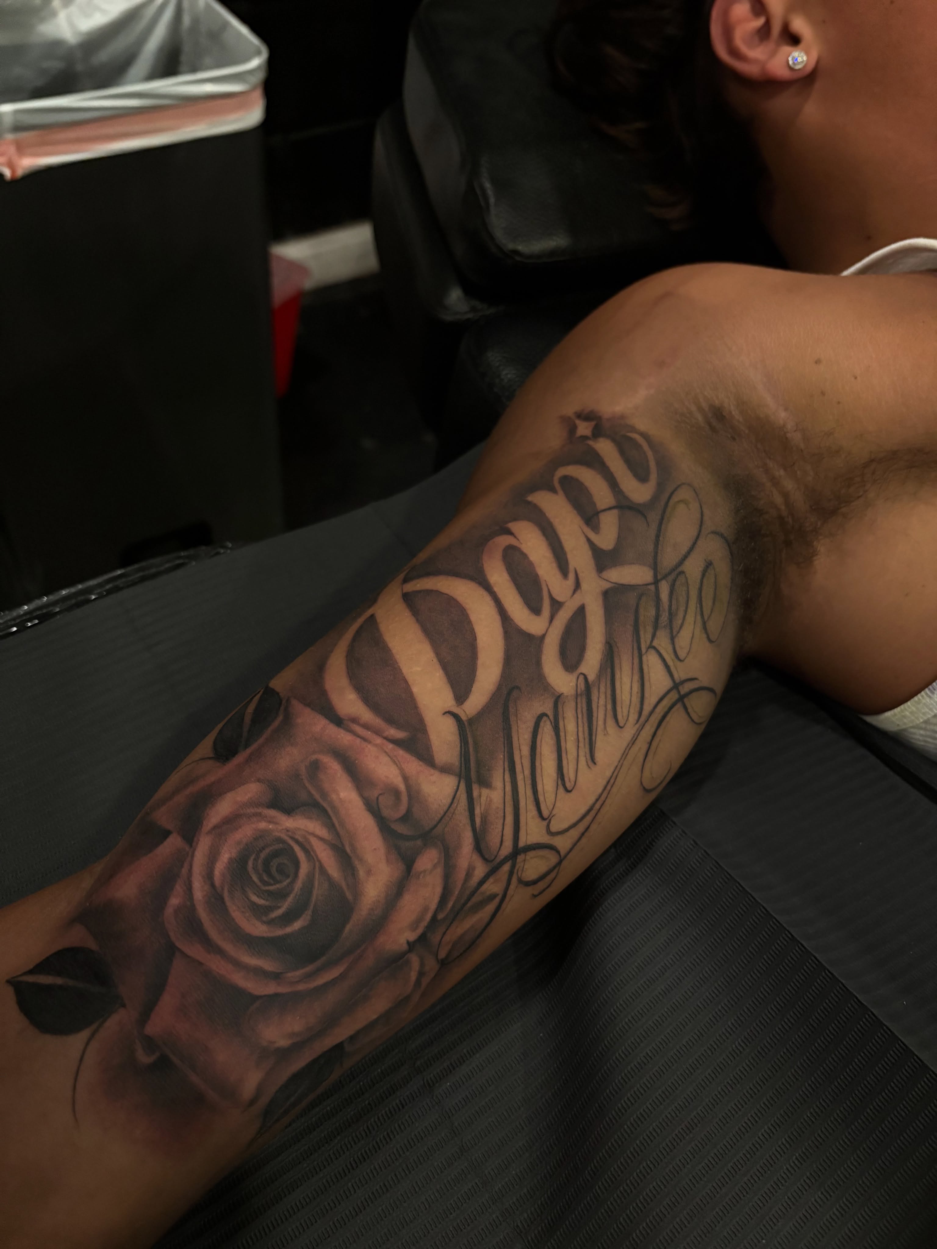 Rose and script realism tattoo on the forearm by @_frankyvee
