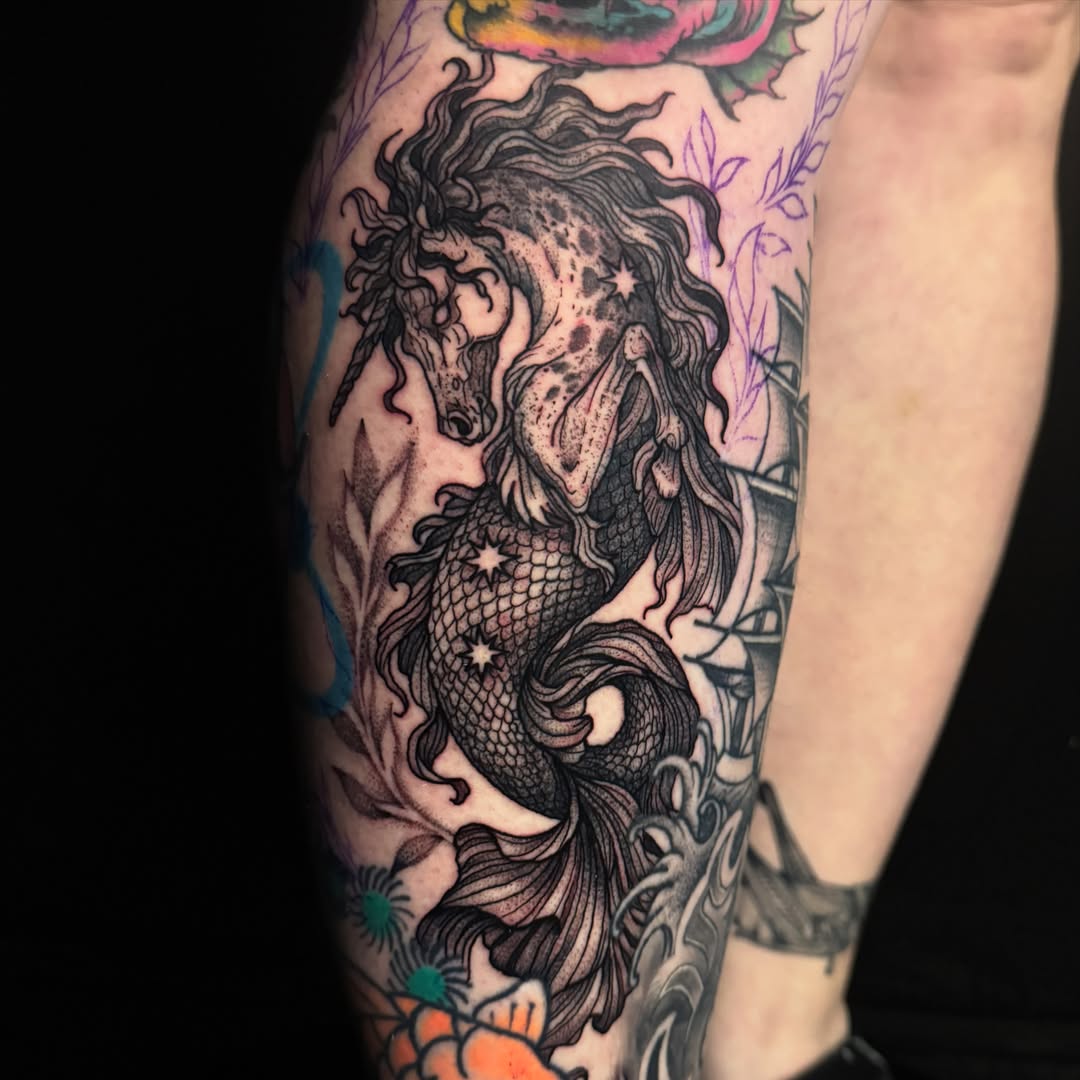 Mermaid American traditional tattoo on the forearm by Brandiane Wells