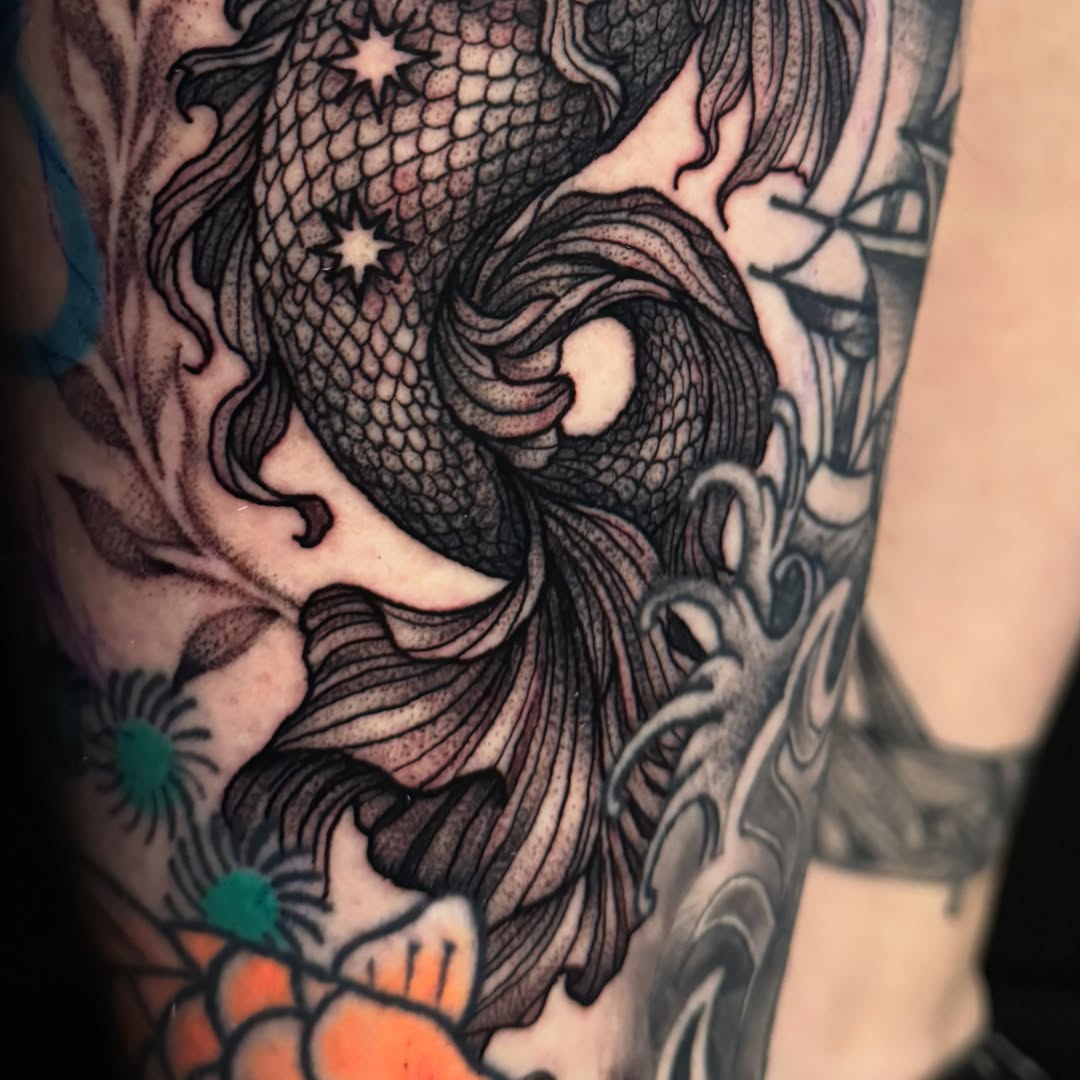 Mermaid dotwork tattoo on the forearm by Brandiane Wells