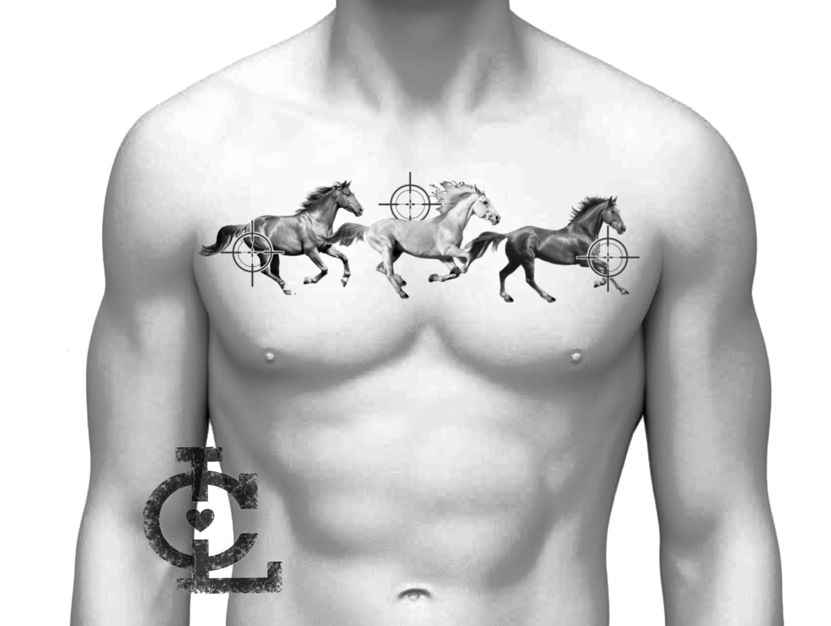 Horses black and grey tattoo on the chest by @lovechasetattoo