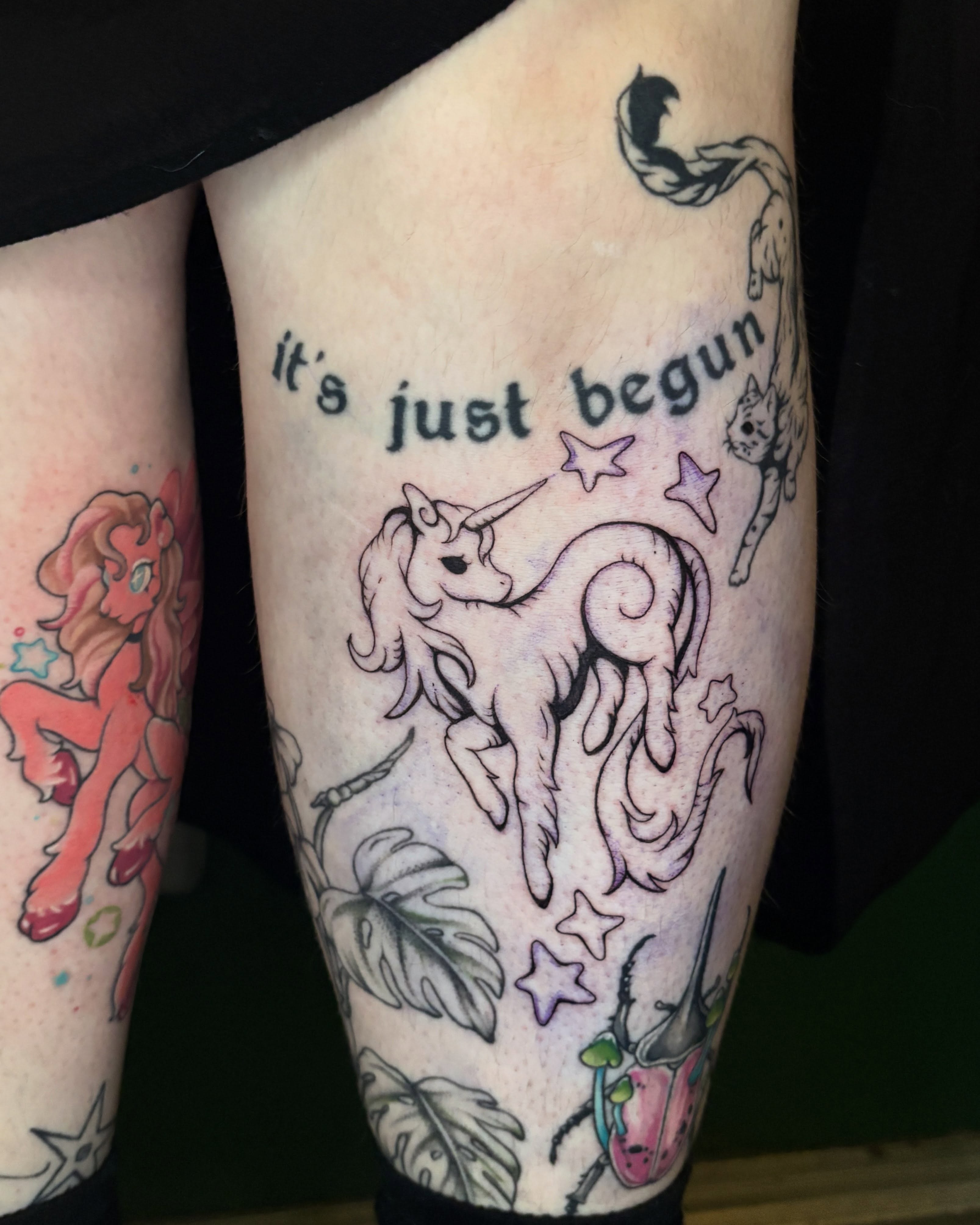 Unicorns and stars dotwork tattoo on the forearm by Autumn
