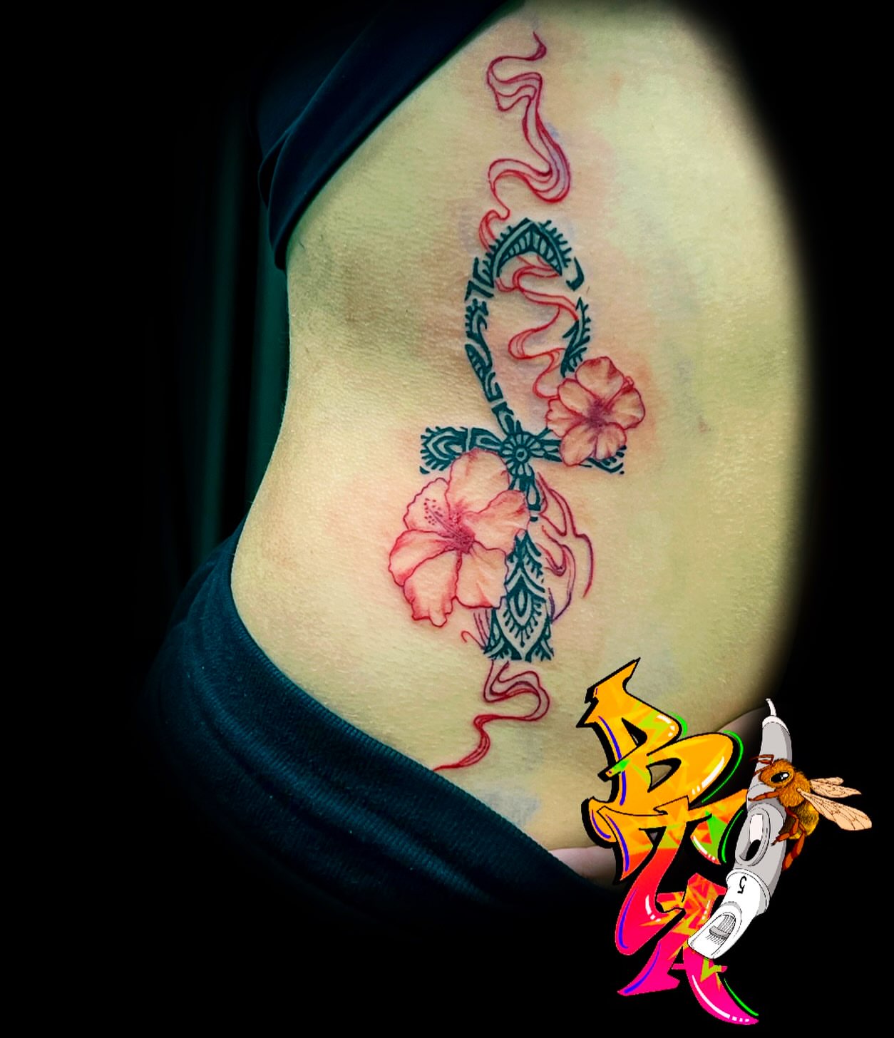 Cross with flowers new school tattoo on the torso by Blair The Artist!