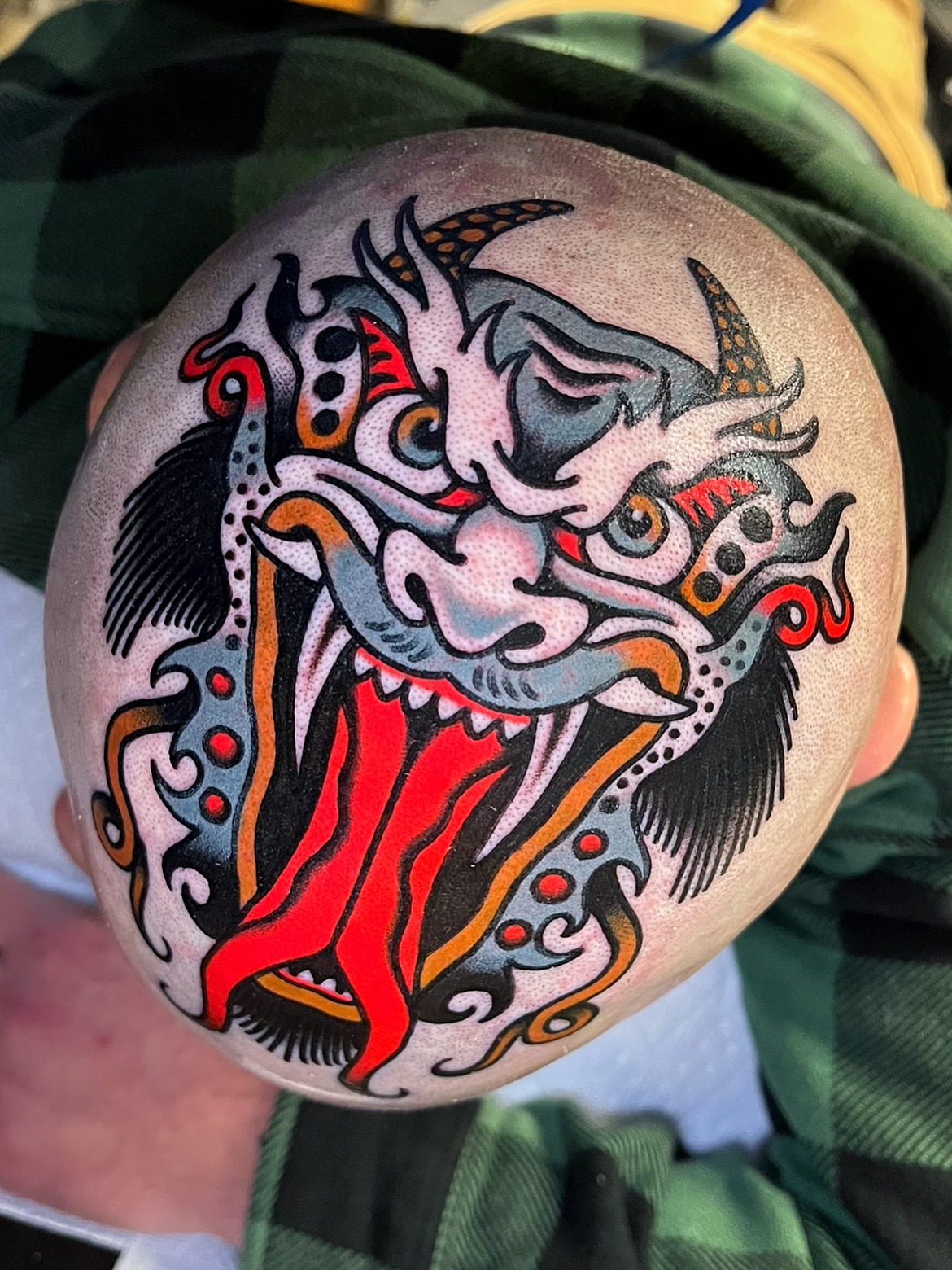 Demon head American traditional tattoo on the head by π΅ππππ π¬ππππ