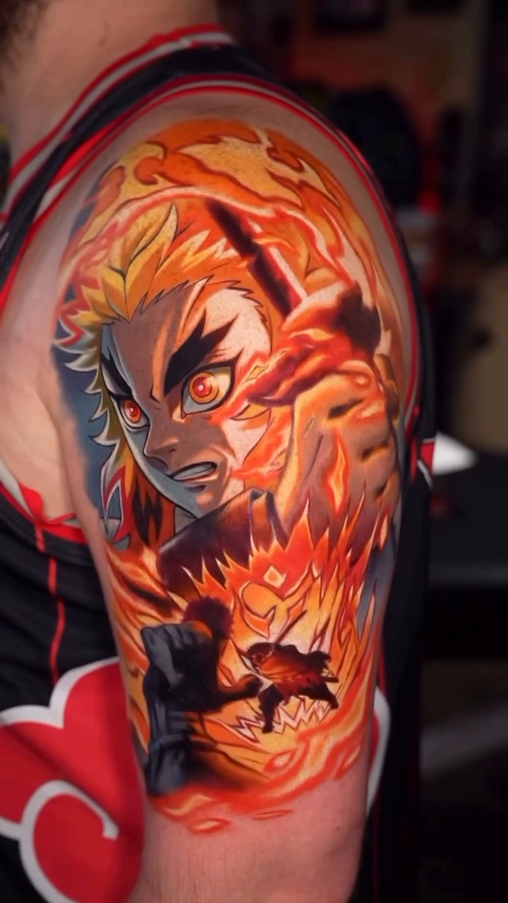 Rengoku from Demon Slayer anime tattoo by Ben Ochoa